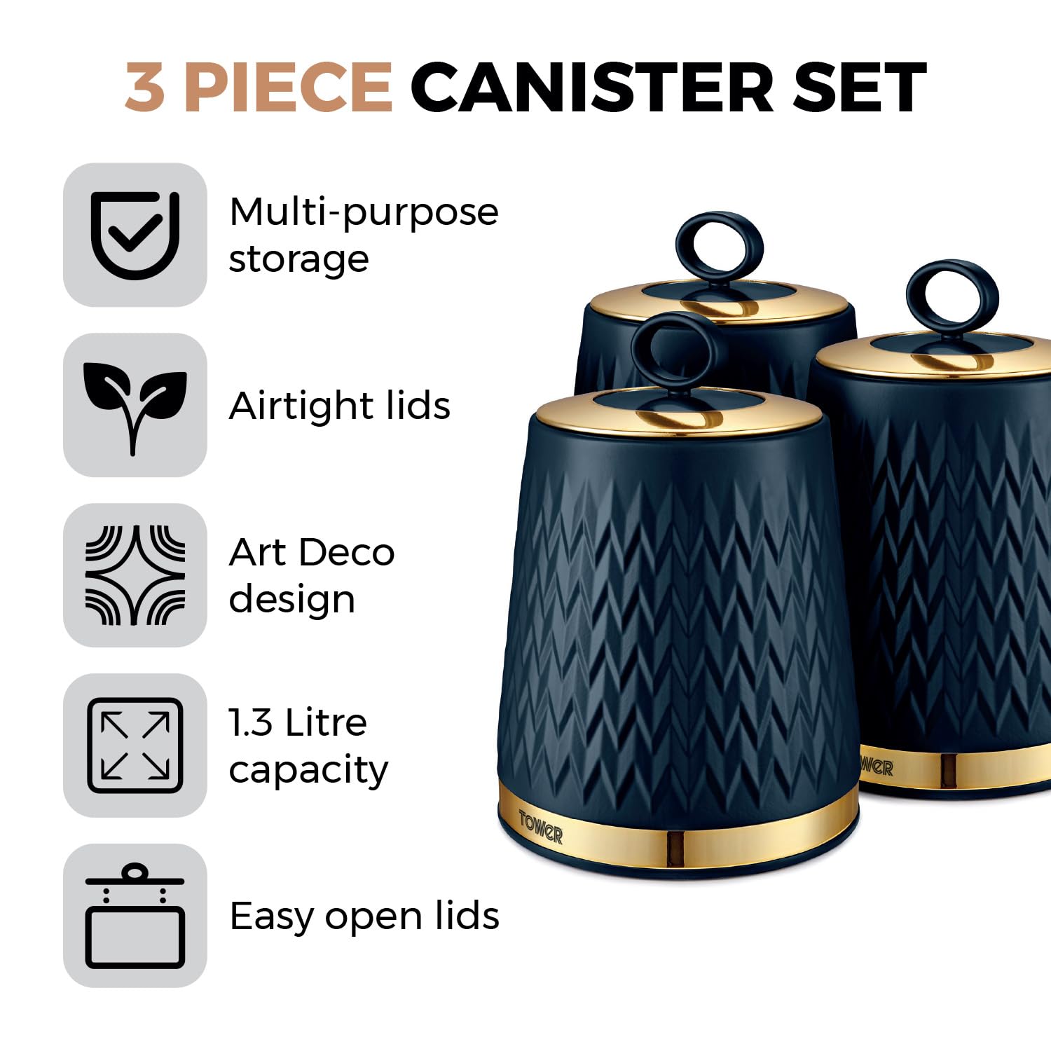 Tower Empire Kitchen Storage Canisters - Set of 3 for Tea, Coffee, Sugar | 1.3L Capacity | Midnight Blue 2