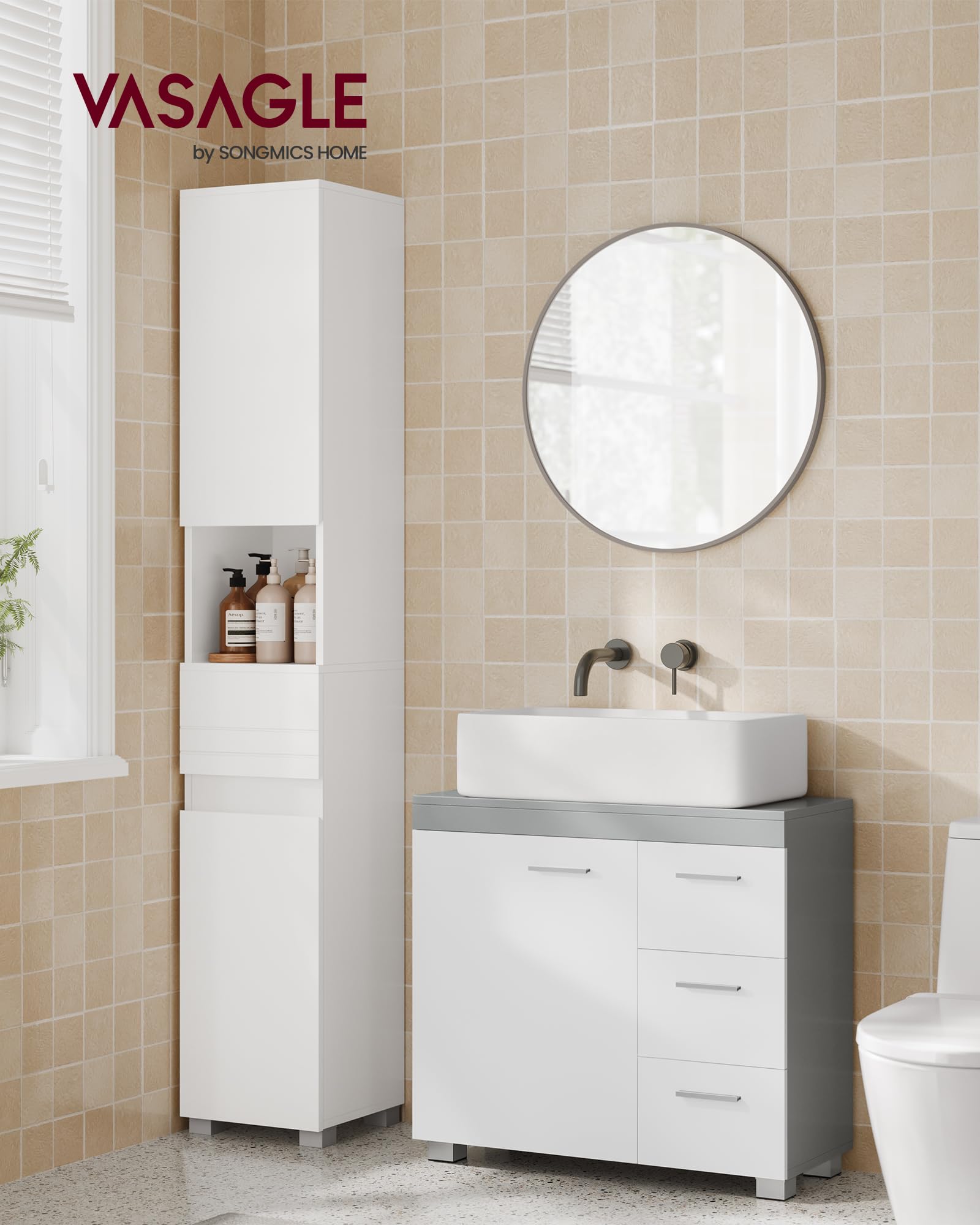 VASAGLE Under Sink Bathroom Cabinet - 3 Drawers, 2 Compartments | Cloud White + Dove Grey | 30x70x64 cm