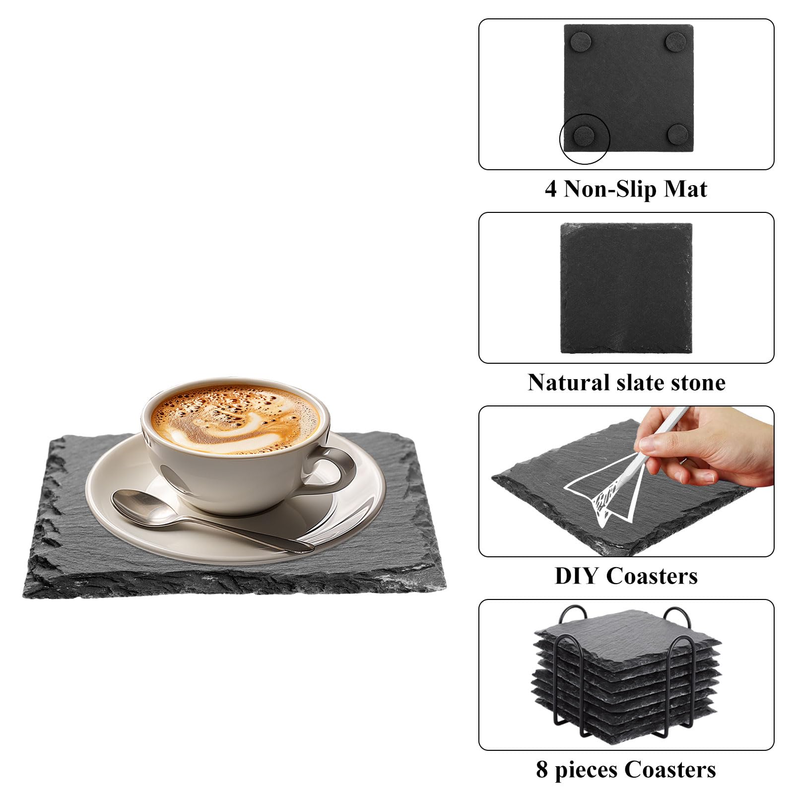 ASelected 8 Pcs Natural Slate Drink Coasters with Metal Holder | 10x10 cm Square | DIY Craft Friendly 3