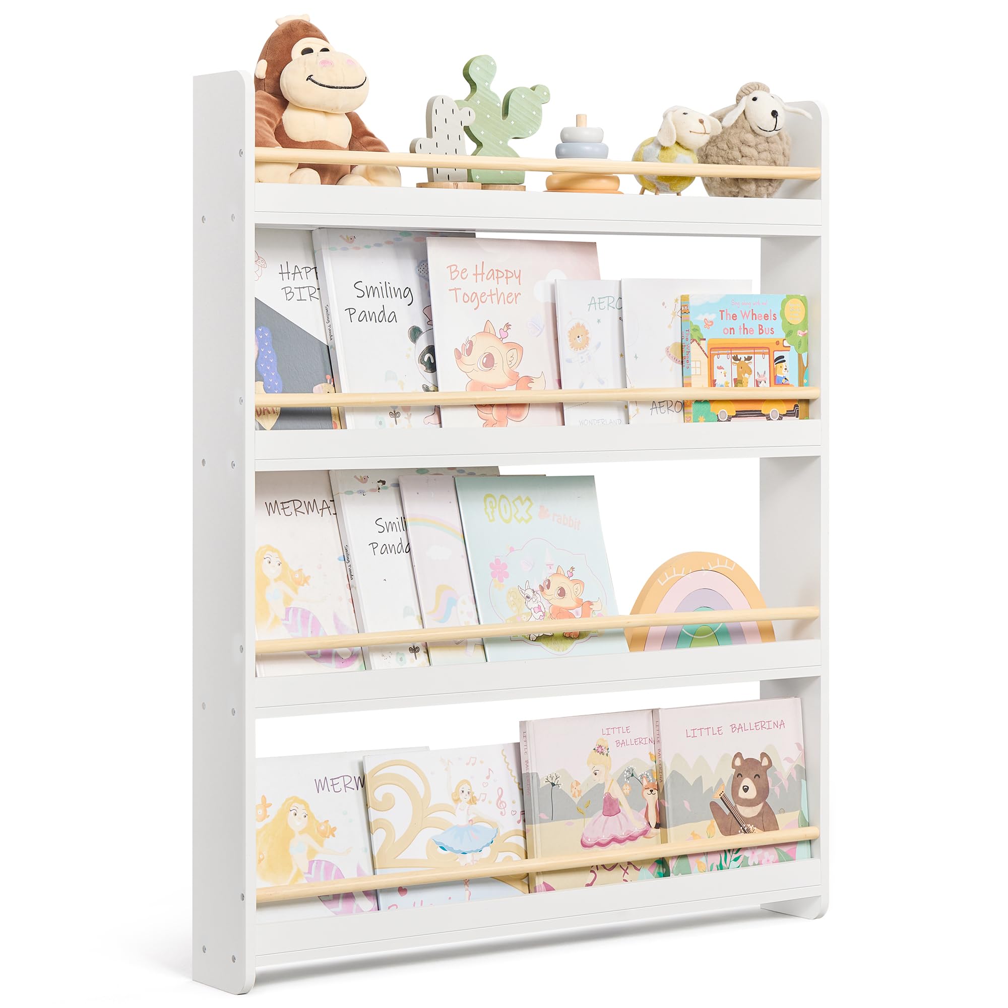 SONGMICS Kids Bookshelf - 4-Tier Wall Mounted Bookcase for Children | Pine Engineered Wood | Natural White 1