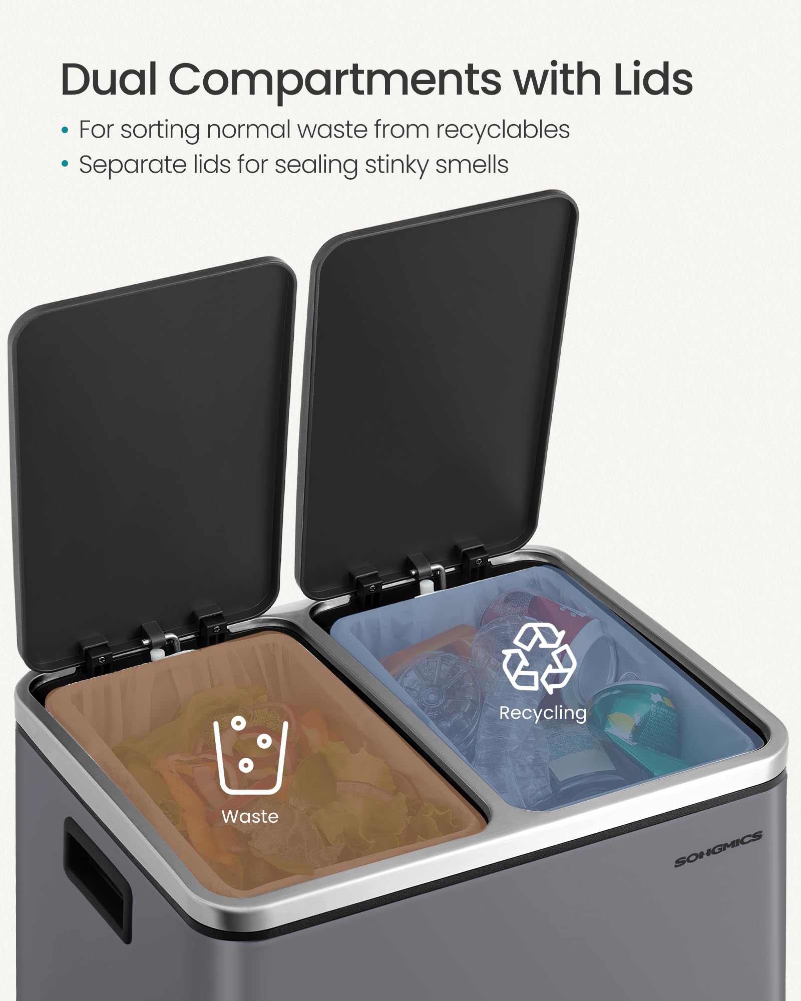 SONGMICS Dual Rubbish Bin - 2 Compartment Recycling Bin with Pedals, Soft Closure | 2 x 15 L | Slate Grey 6