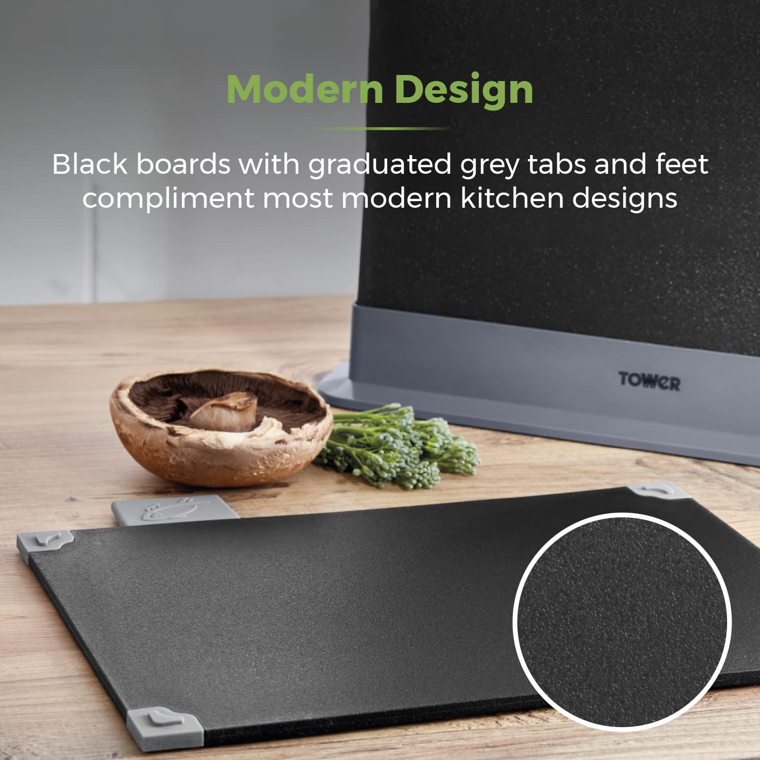 Tower 4-Piece Chopping Board Set with Stand | Plastic | Black | Includes Index Tabs 7