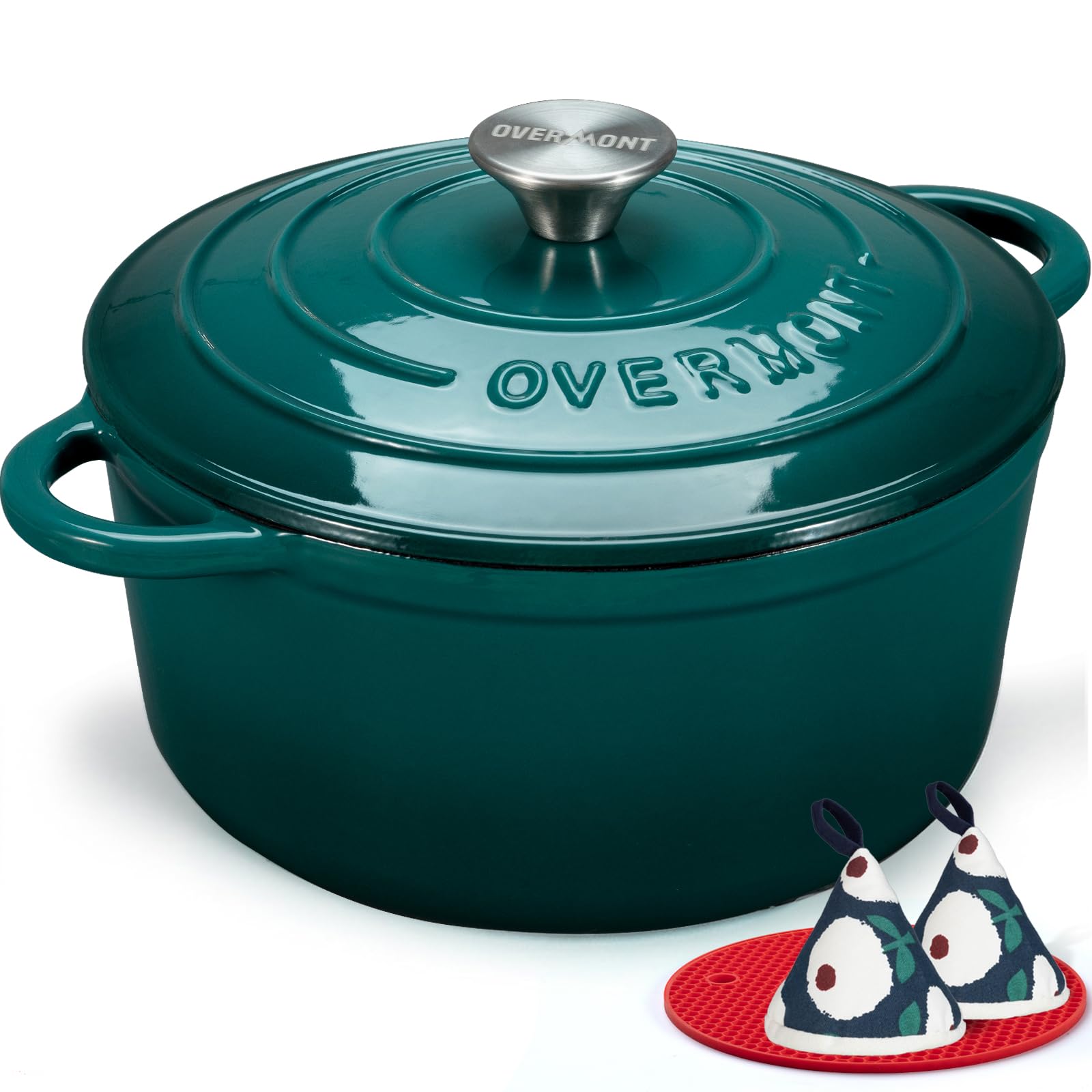 OVERMONT 28cm/6.6L Enamelled Cast Iron Dutch Oven - Bottle Green | 7 Quart Capacity 1