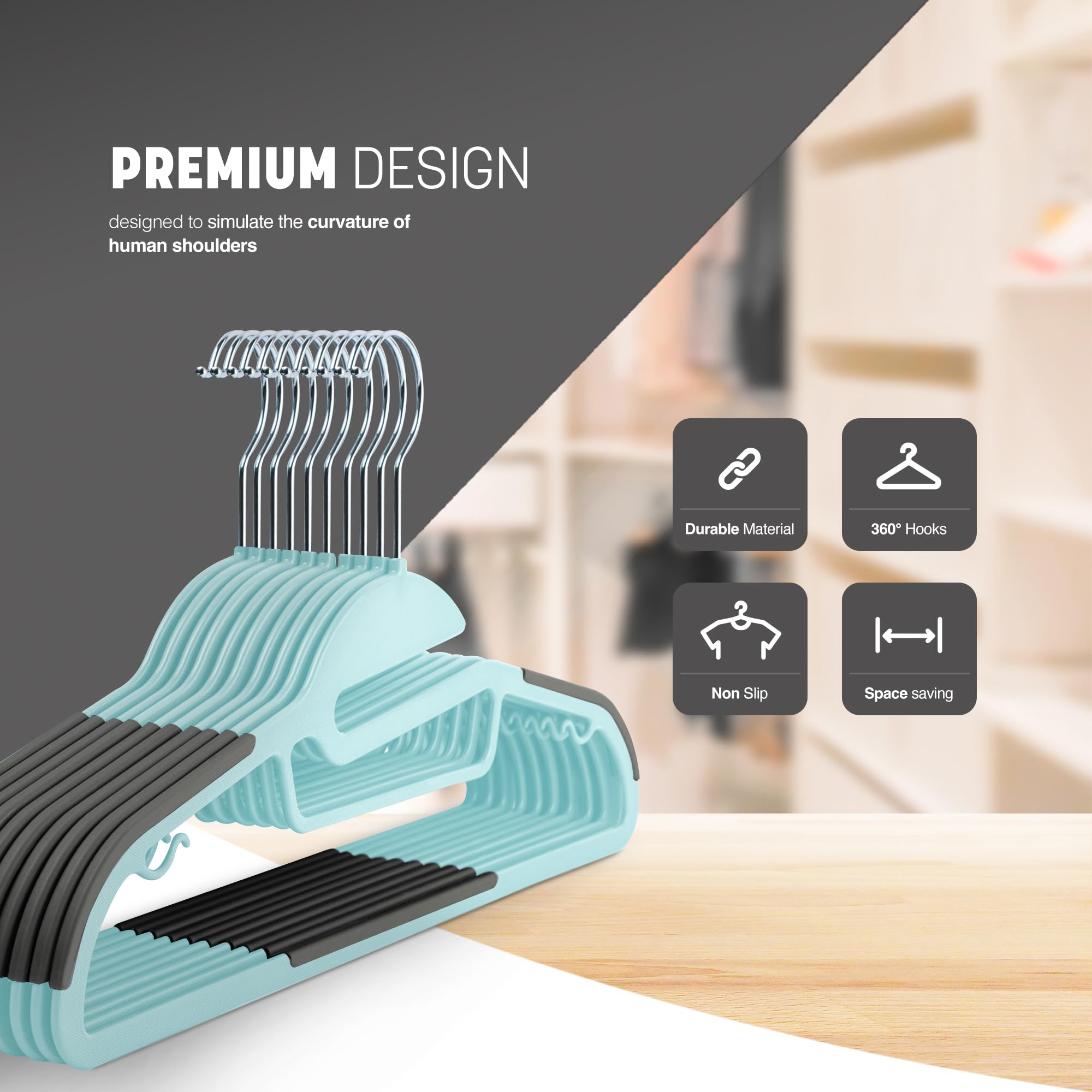 KEPLIN 20-Pack Non-Slip Velvet Hangers - Slimline Space Saving with 360° Swivel Hooks | Teal Plastic 3