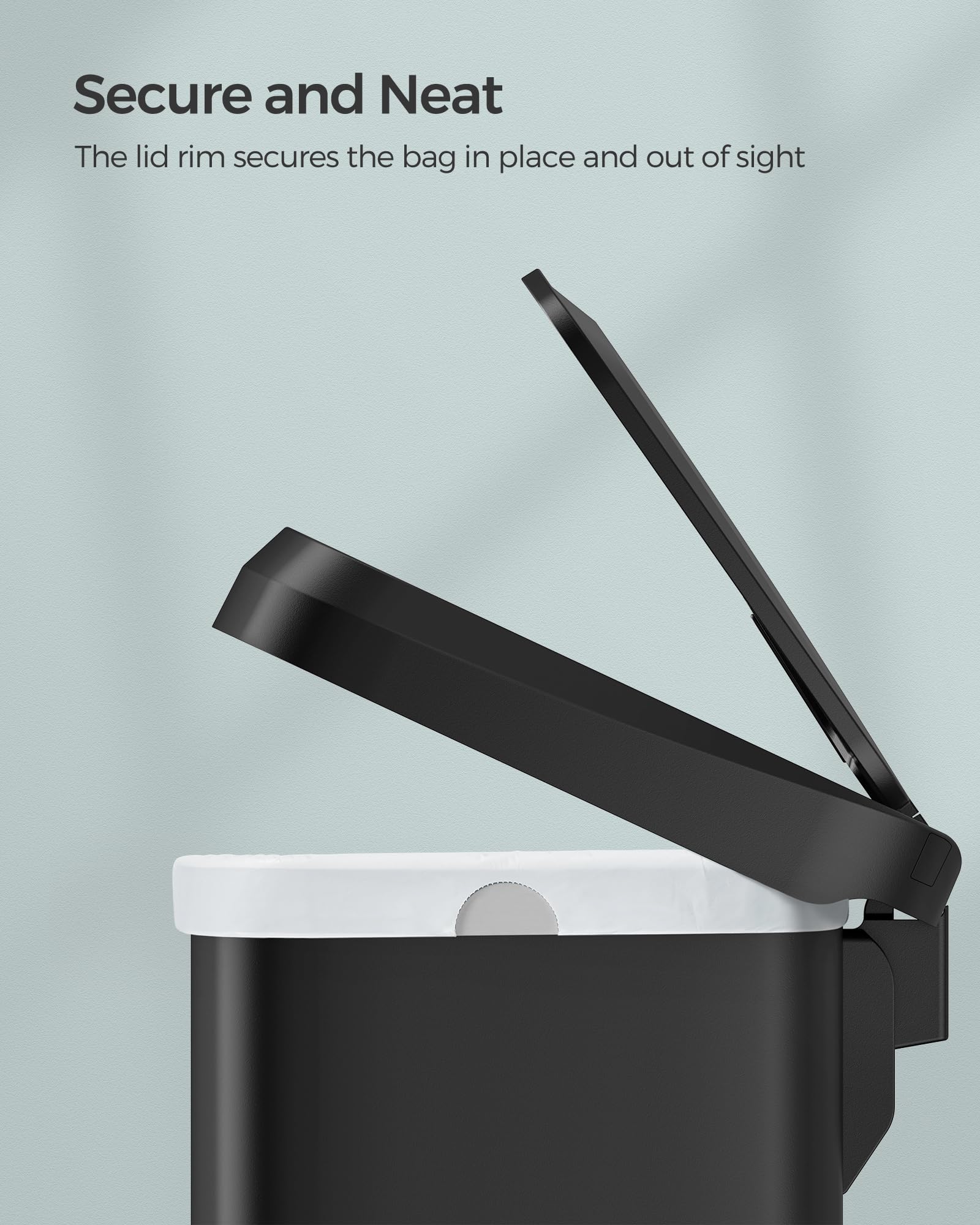 SONGMICS Kitchen Bin - 50L Capacity, Black Metal Pedal Waste Bin | Quiet Close 8
