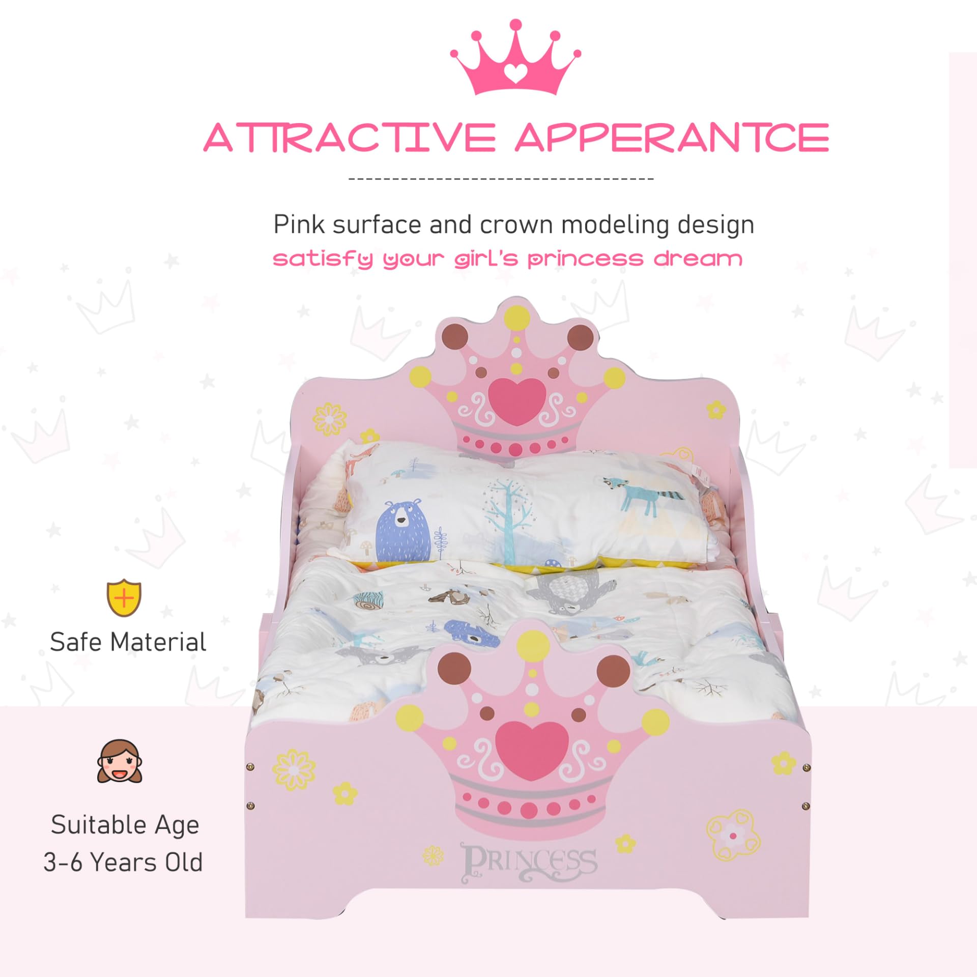 HOMCOM Princess Crown Toddler Bed for Girls | Low Height, Safety Rails | Supports 50kg 6