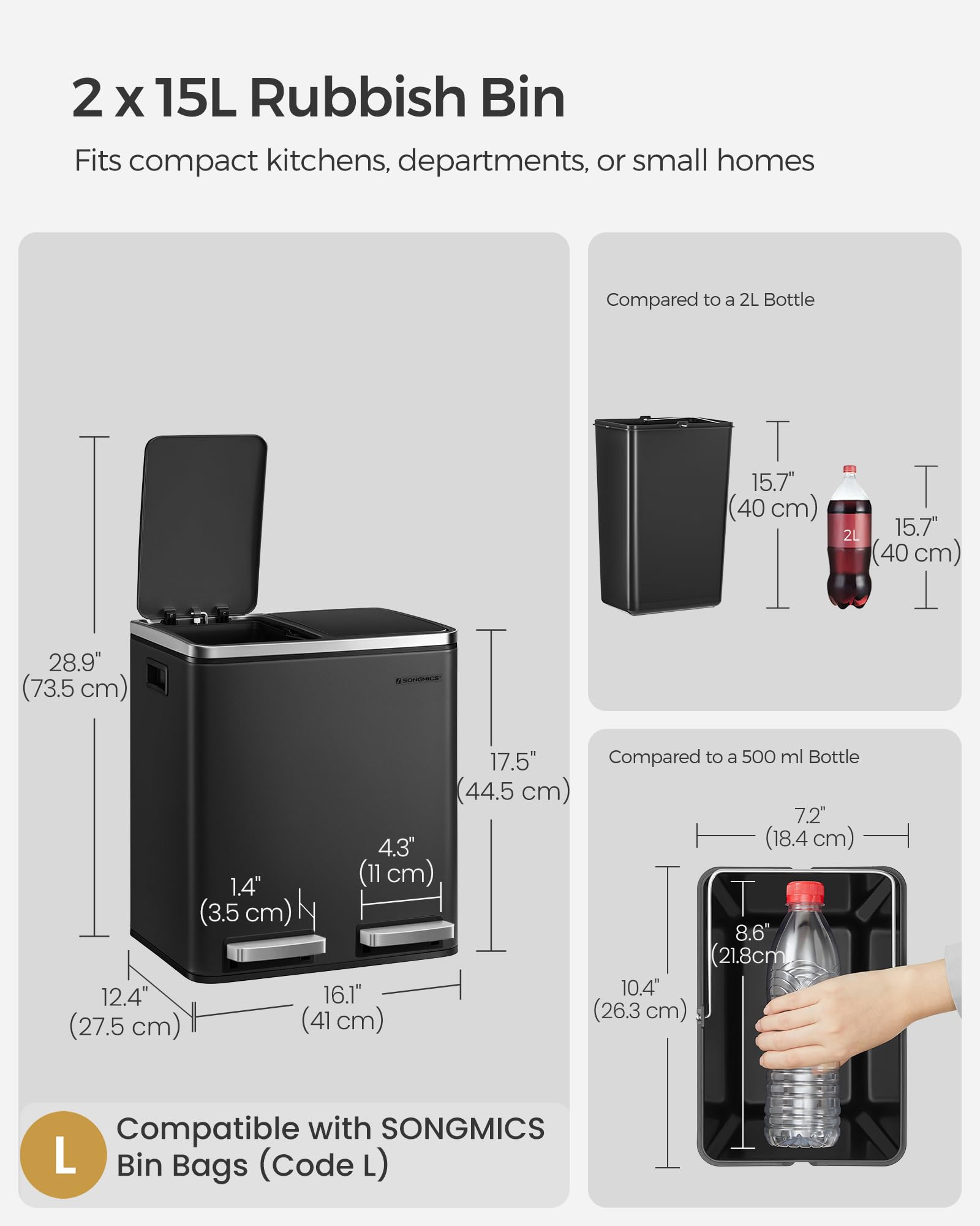 SONGMICS Dual Rubbish Bin - 2 Compartment Recycling Bin with Pedals | 2 x 15 L | Black 7