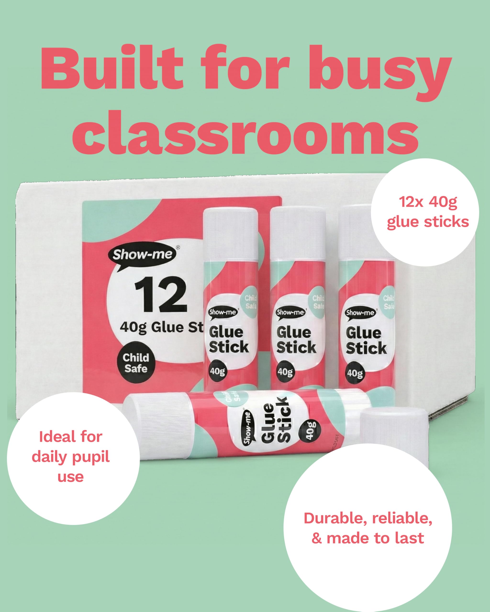 SHOW-ME Classmaster Glue Sticks - 40g Child-Safe Paper Glue | 12 Pack | Washable PVP Formula 7