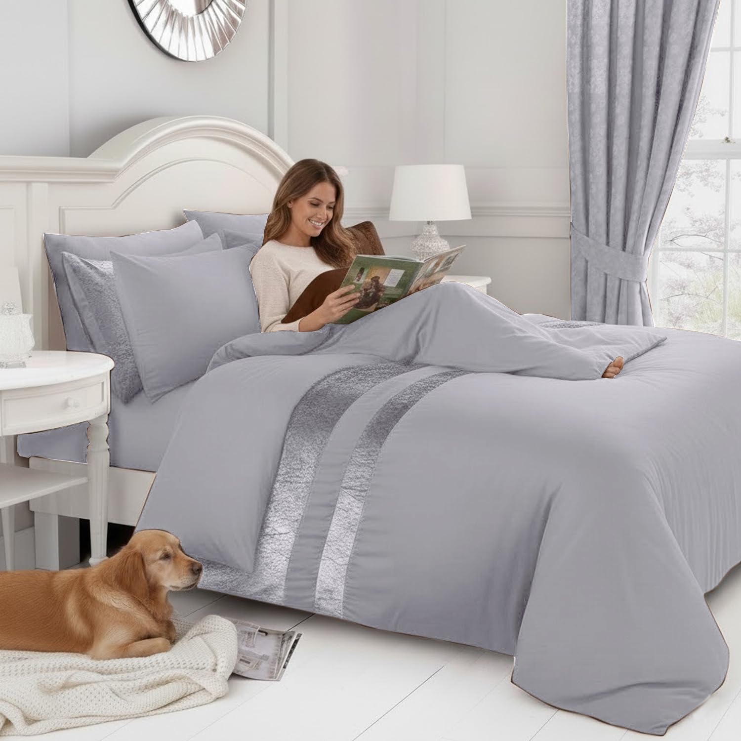 Casabella Luxury Crushed Velvet Panel Band Duvet Cover Set | King Size | Silver 2