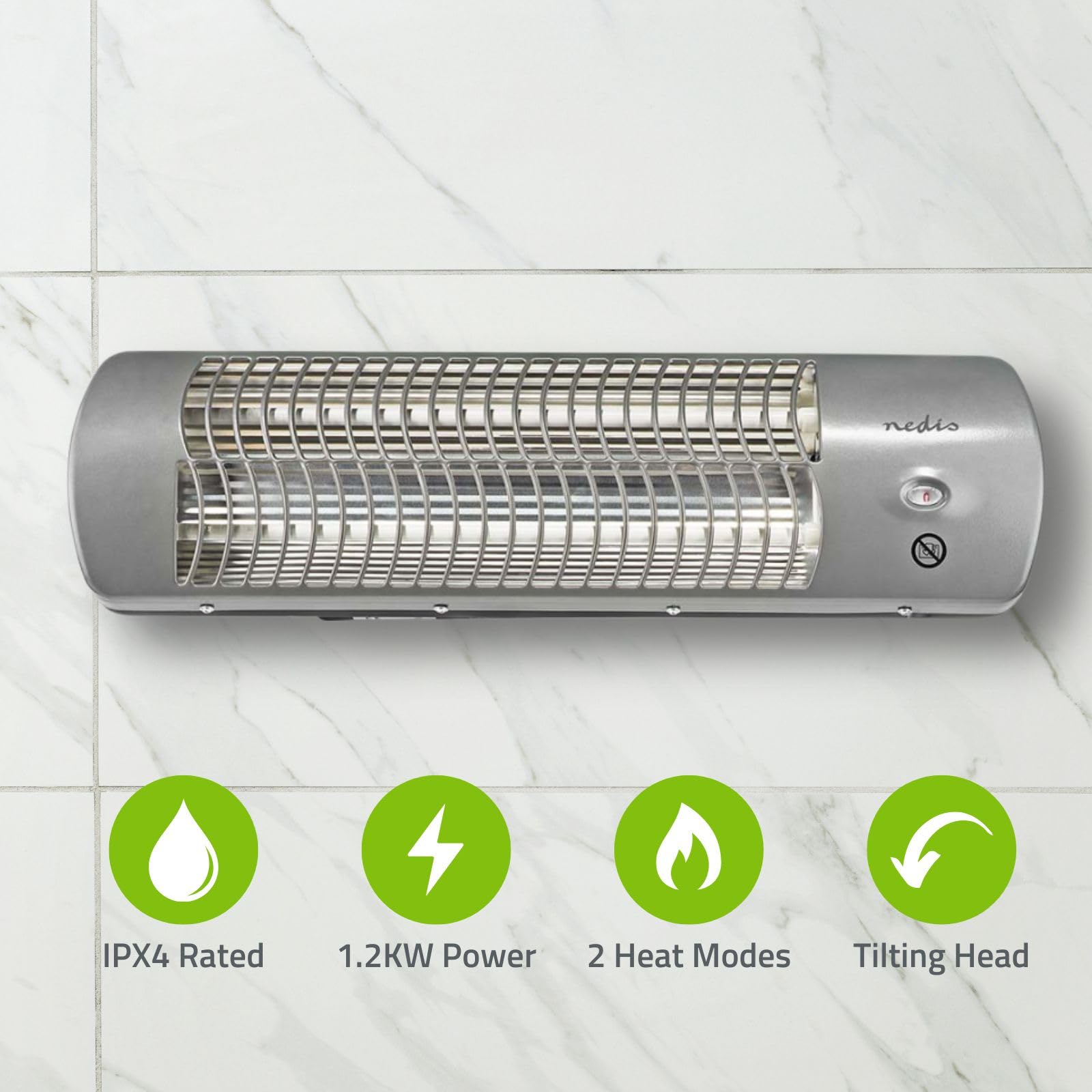 NEDIS Wall-Mountable Electric Bathroom Heater - 1200W Max | 2 Heat Settings | IPX4 Splashproof 2