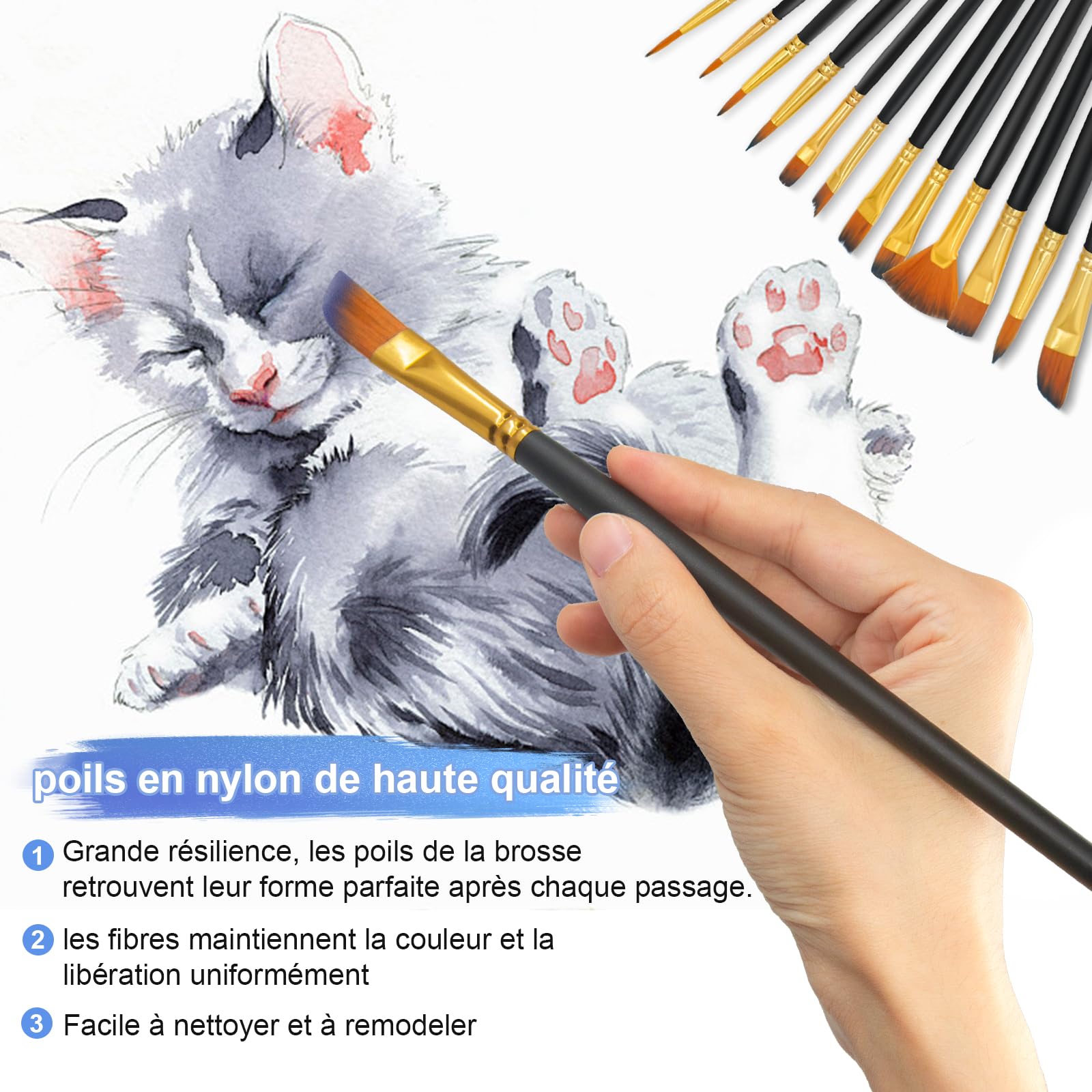elzle Acrylic Paint Brushes Set - 12 Pcs Nylon Art Brushes with Wooden Handles for Watercolor & Oil Painting 4