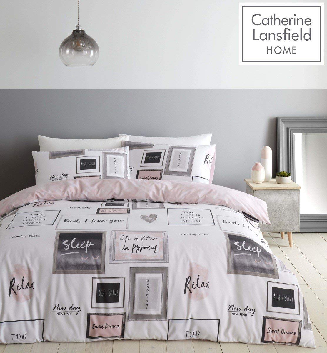 Catherine Lansfield Sleep Dreams Reversible Single Duvet Cover Set with Pillowcase, Blush Pink 2