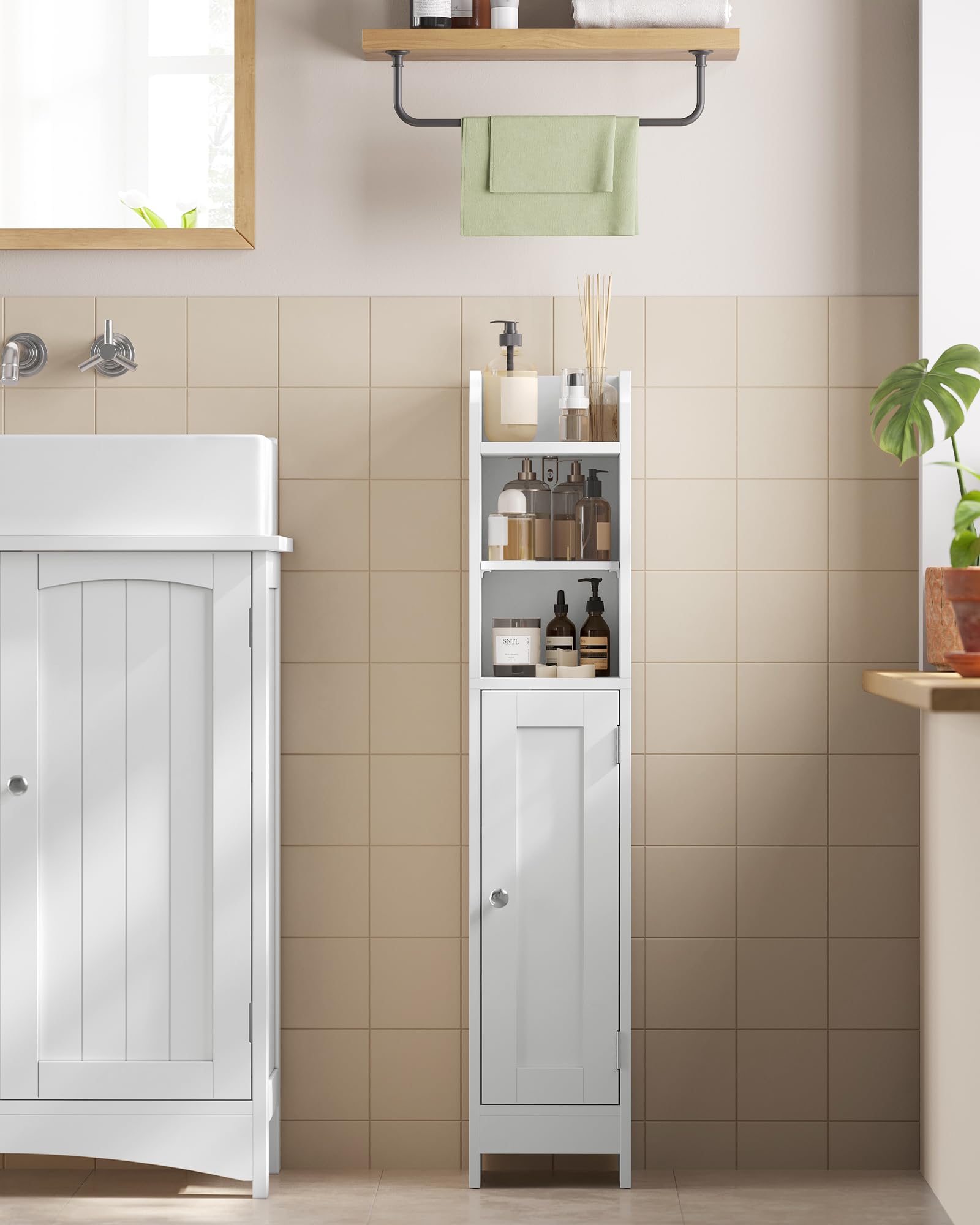 VASAGLE Slim Bathroom Floor Storage Cabinet - 92H cm Tall, Adjustable Shelves, Cloud White 8