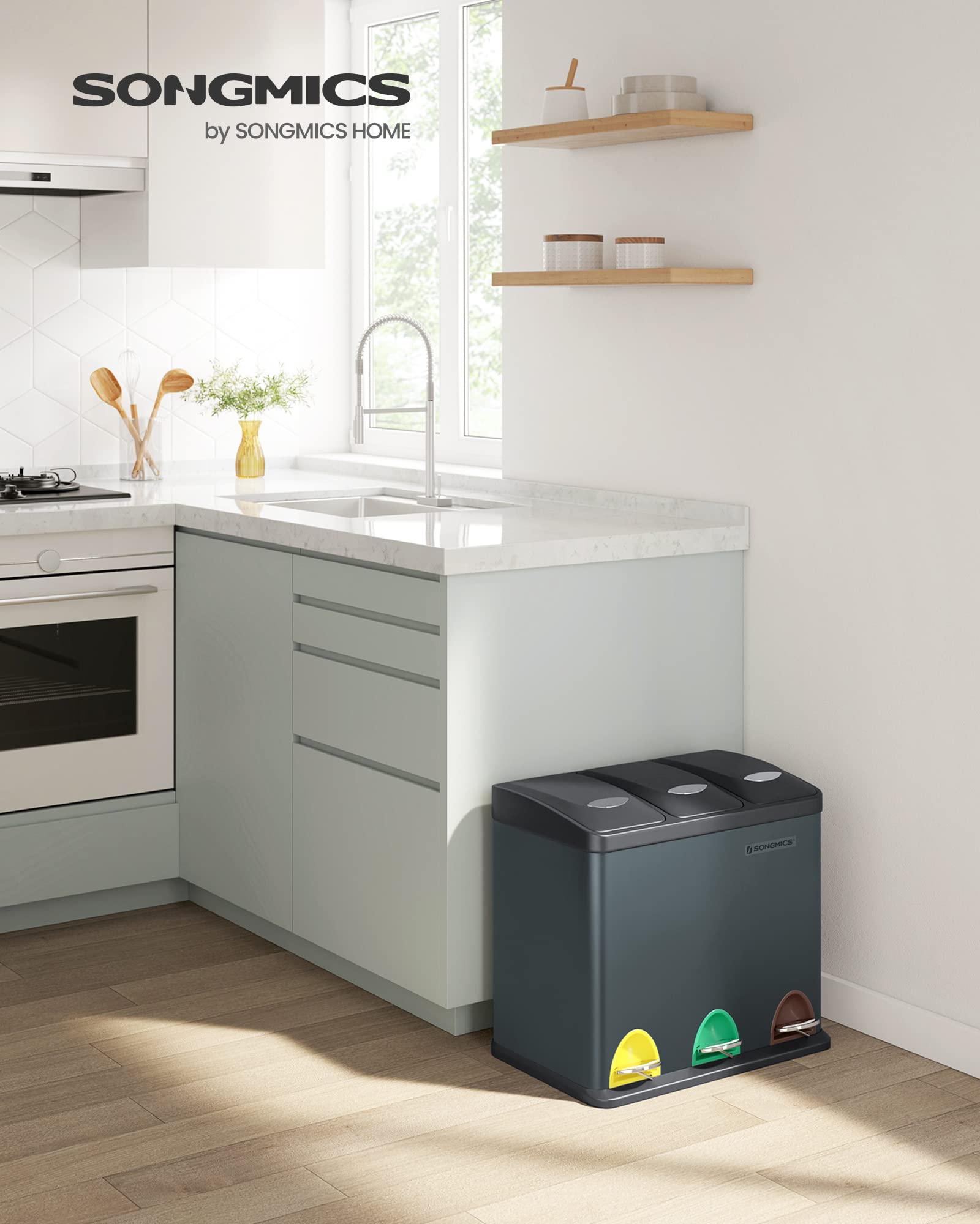 SONGMICS LTB24GS Triple Waste Bin - 3 x 8L Capacity | Foot Pedal Operated | Steel