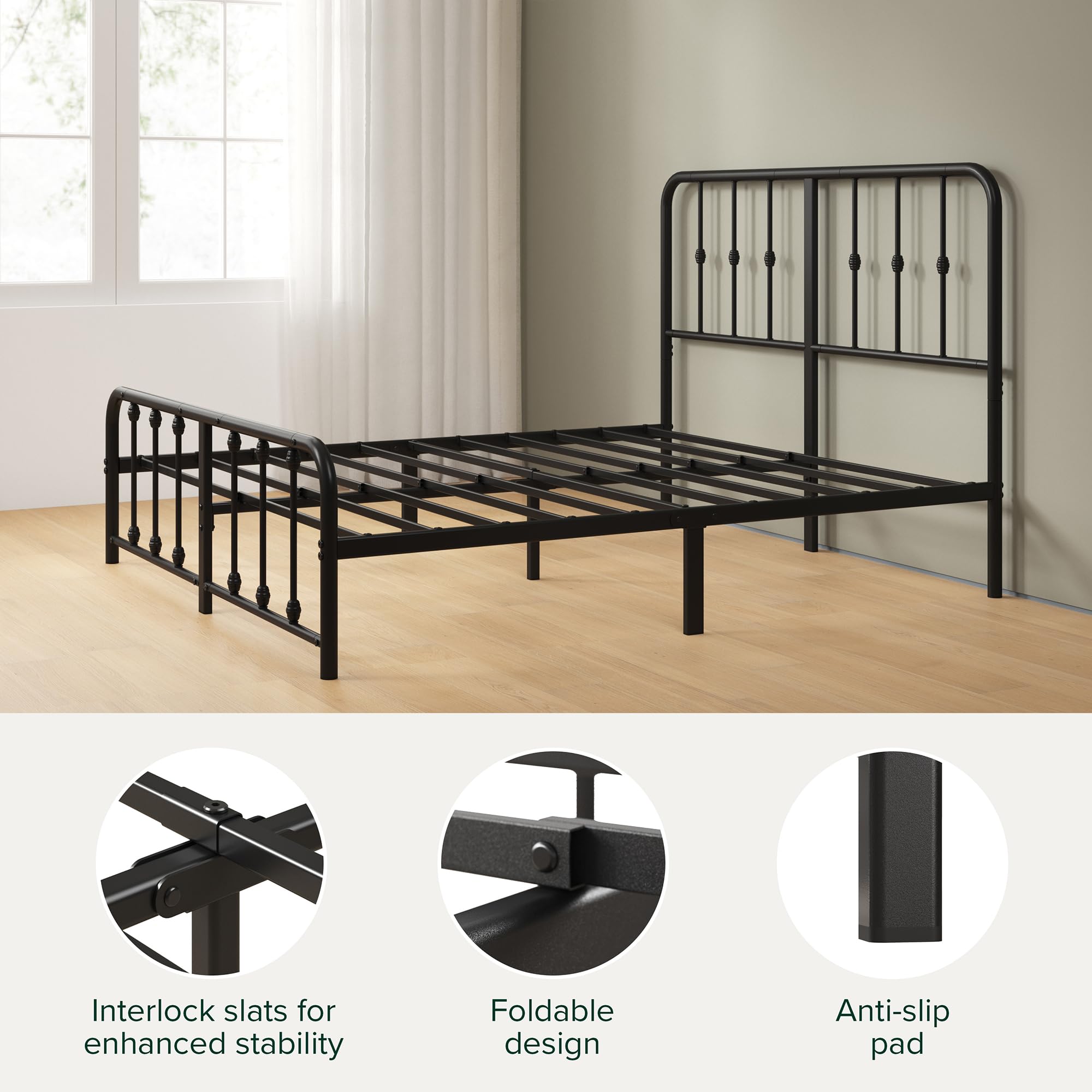 Zinus Florence Single Bed Frame - Vintage Style Metal Base with Headboard | 14'' Storage Height | Black 6