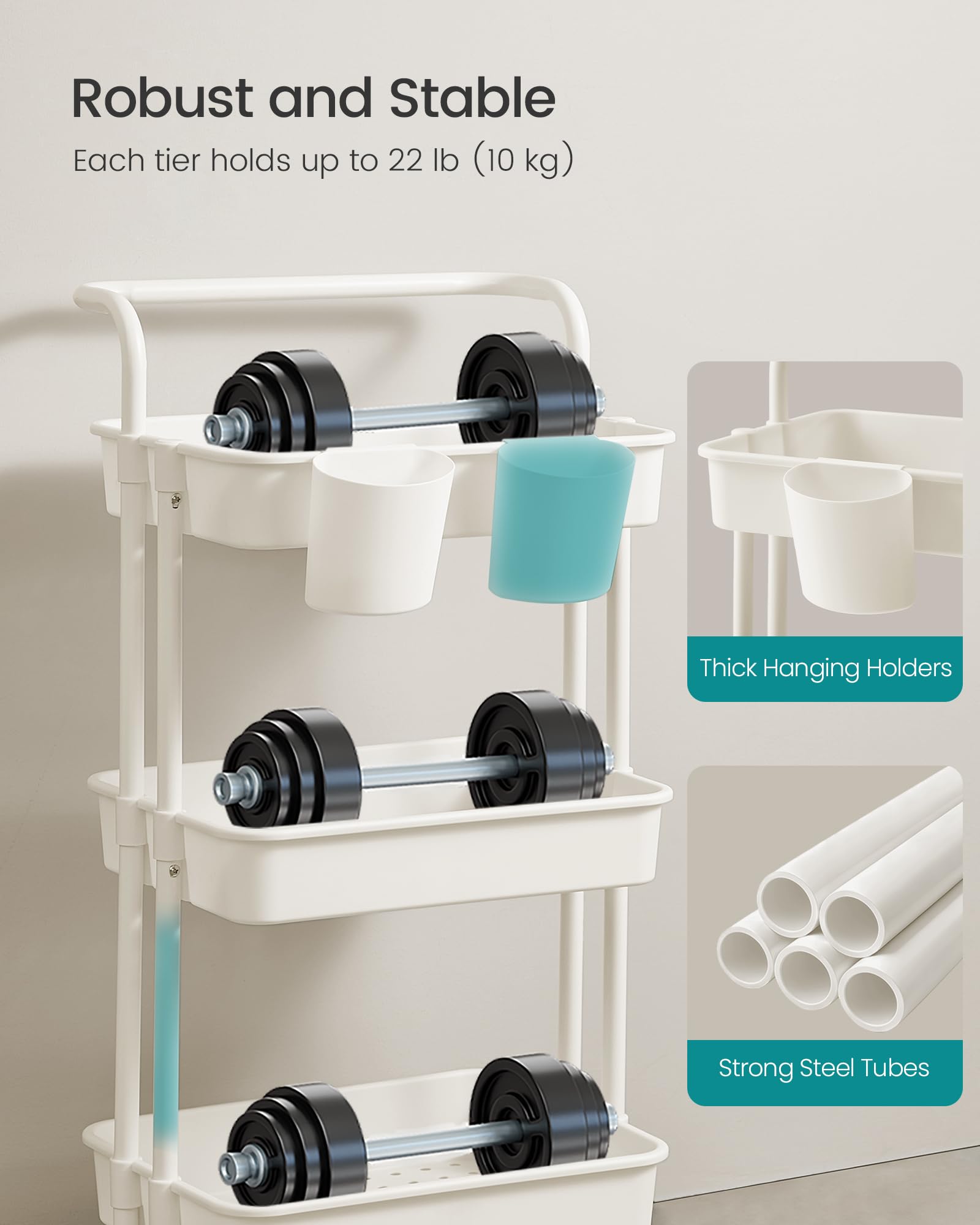 SONGMICS 3-Tier Rolling Storage Cart with Handle | Plastic Alloy Steel | White 6