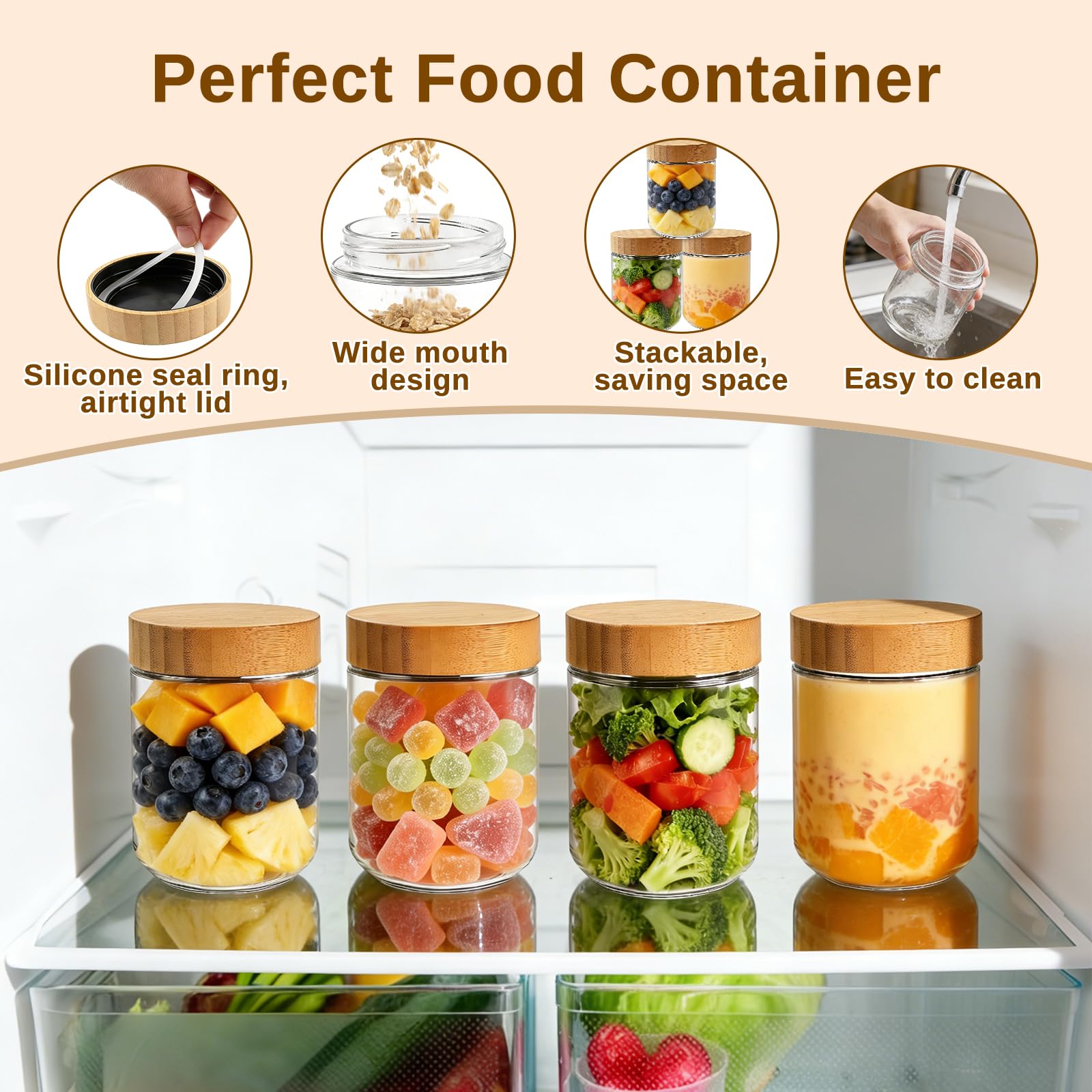 MOXYOY Overnight Oats Jars with Lids - 4 Pack Glass Containers, Airtight & Leakproof | 500ml 3