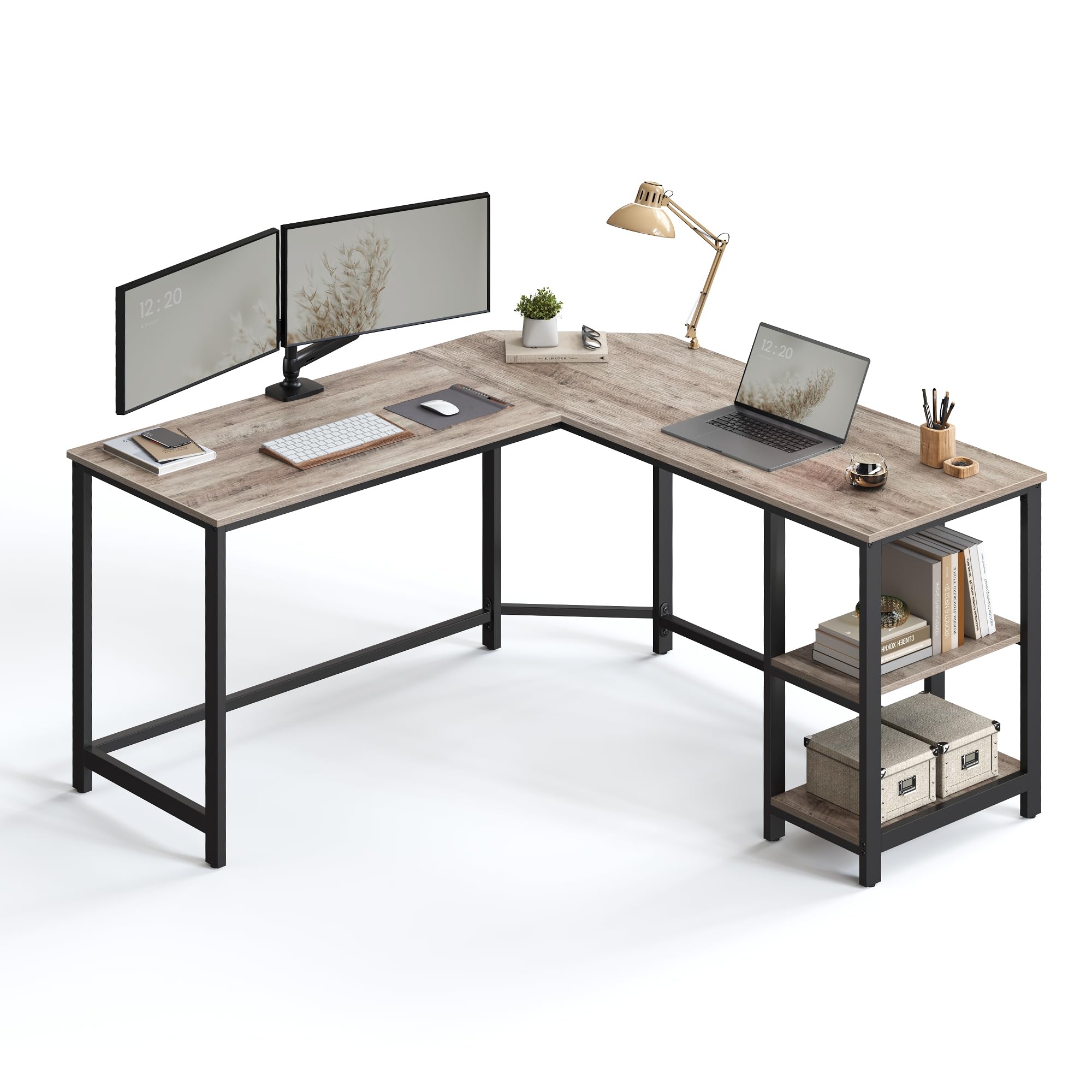 VASAGLE L-Shaped Corner Computer Desk - 138 x 138 cm Desktop | Removable Shelf | Greige & Black
