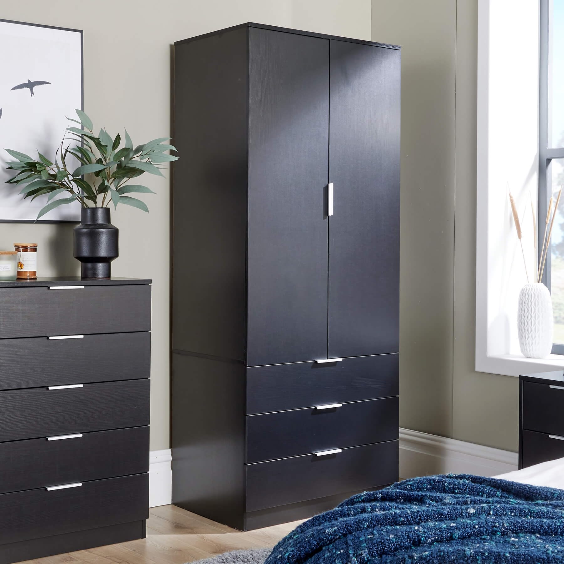 Home Source Phoenix Wardrobe - 2 Doors, 3 Drawers | Black | 181cm H x 75cm W x 50cm D 1
