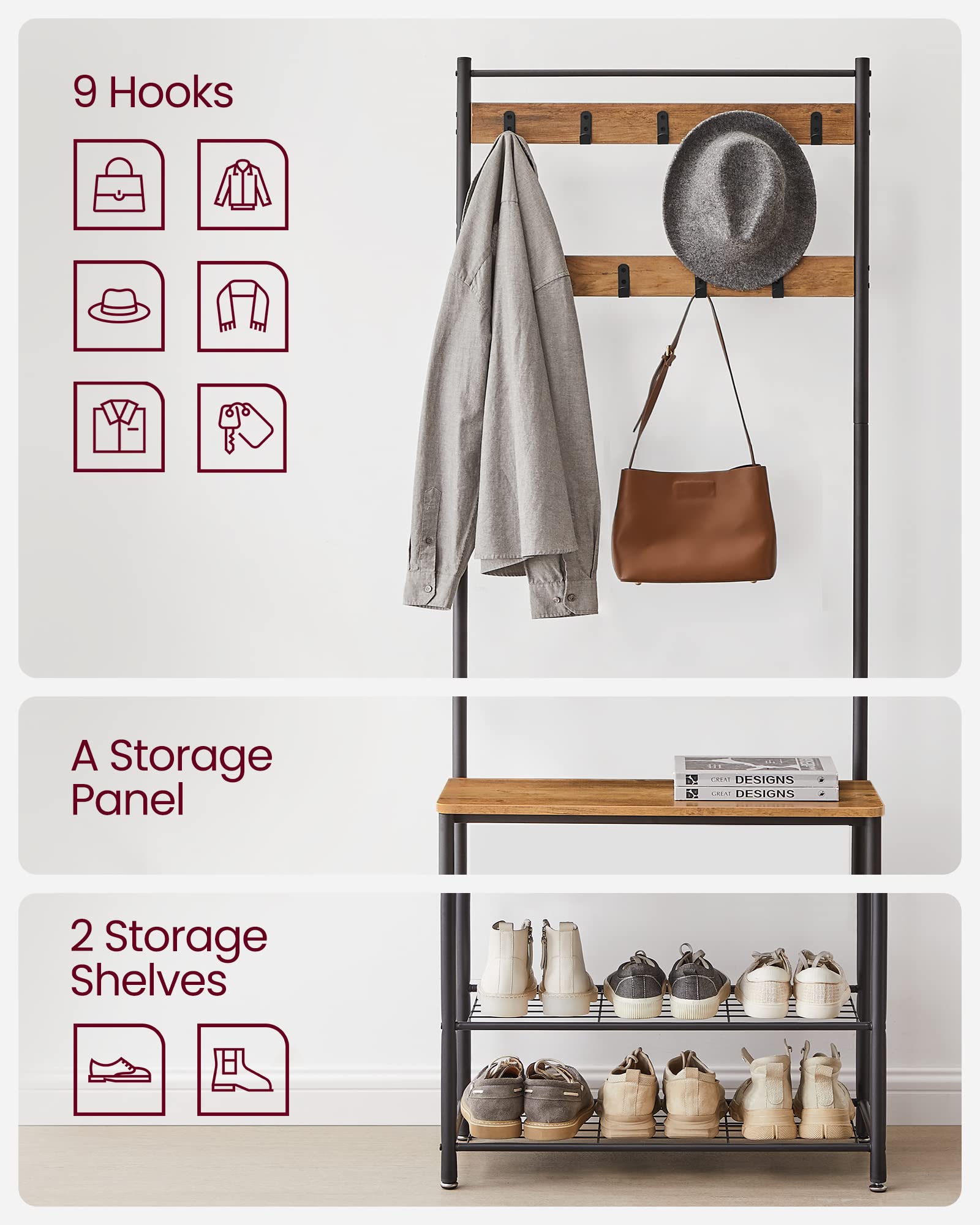 VASAGLE Hallway Storage Coat Rack with Shoe Bench | 9 Hooks | Chestnut Brown + Black 8