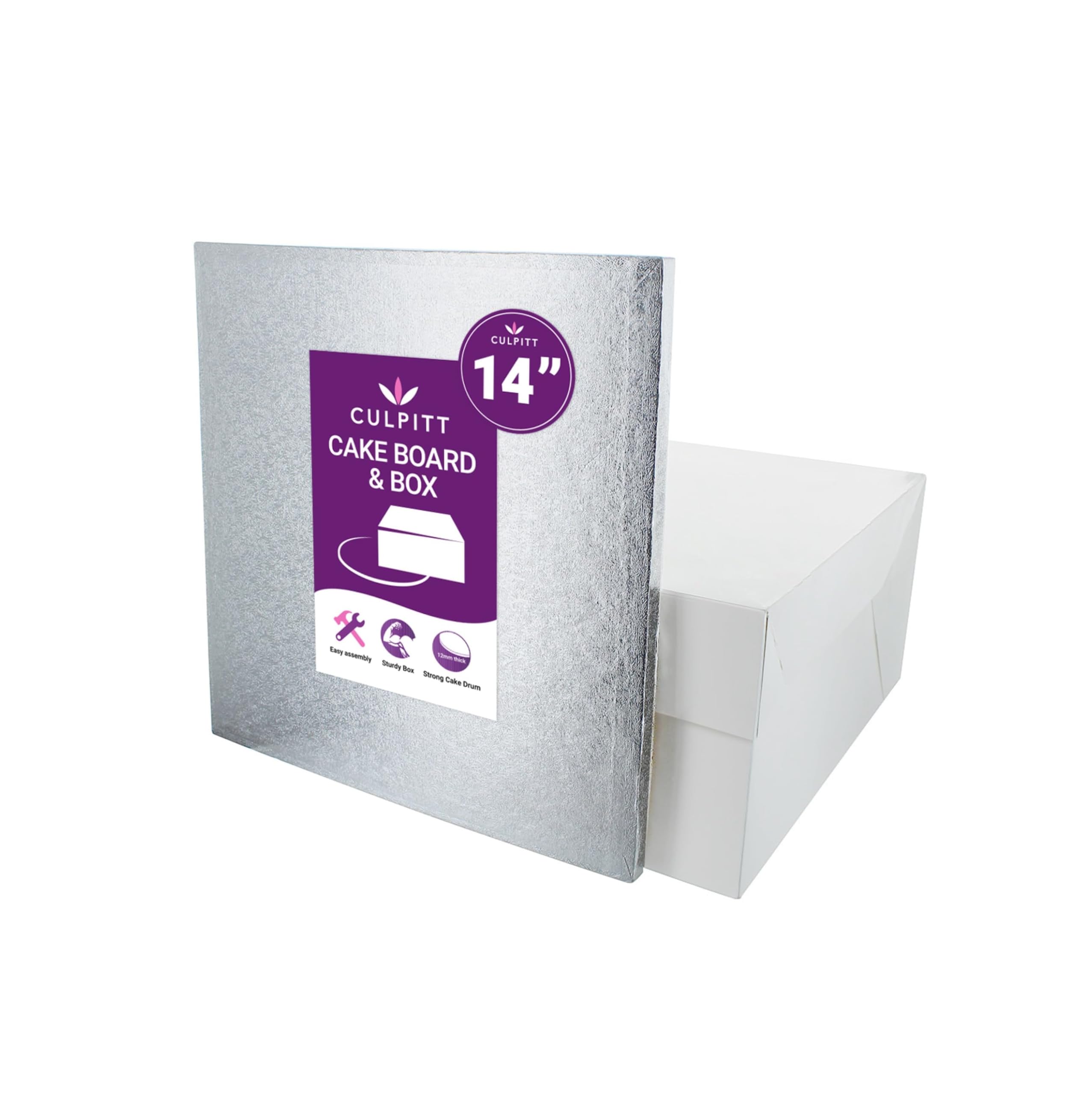 Culpitt 14 Inch Square Silver Cake Drum Board and White Cake Box Combo | Sturdy Support 1