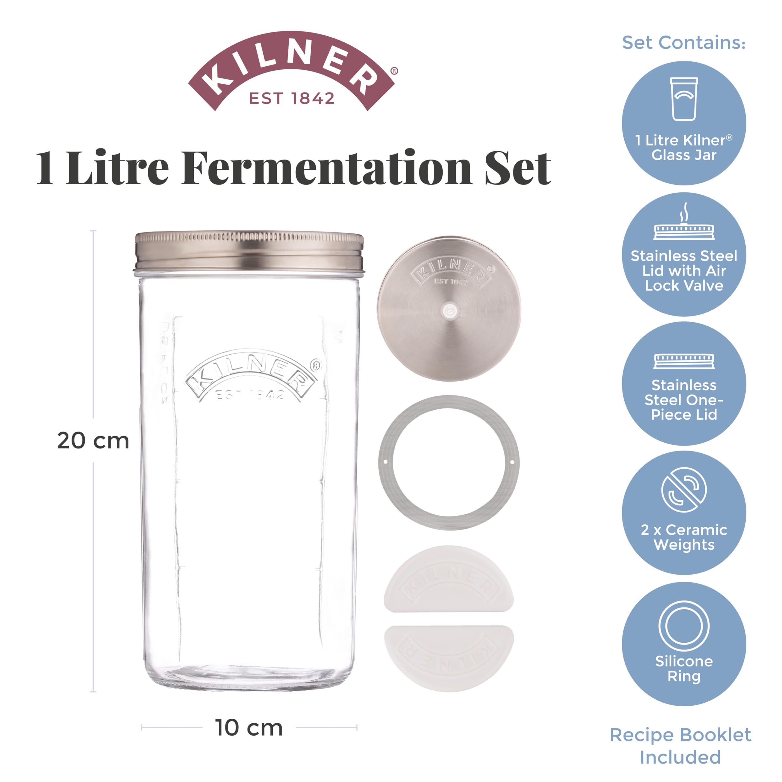 Kilner 1 Litre Fermentation Jar Set - Wide Mouth Glass Jar with Silicone Valve 5