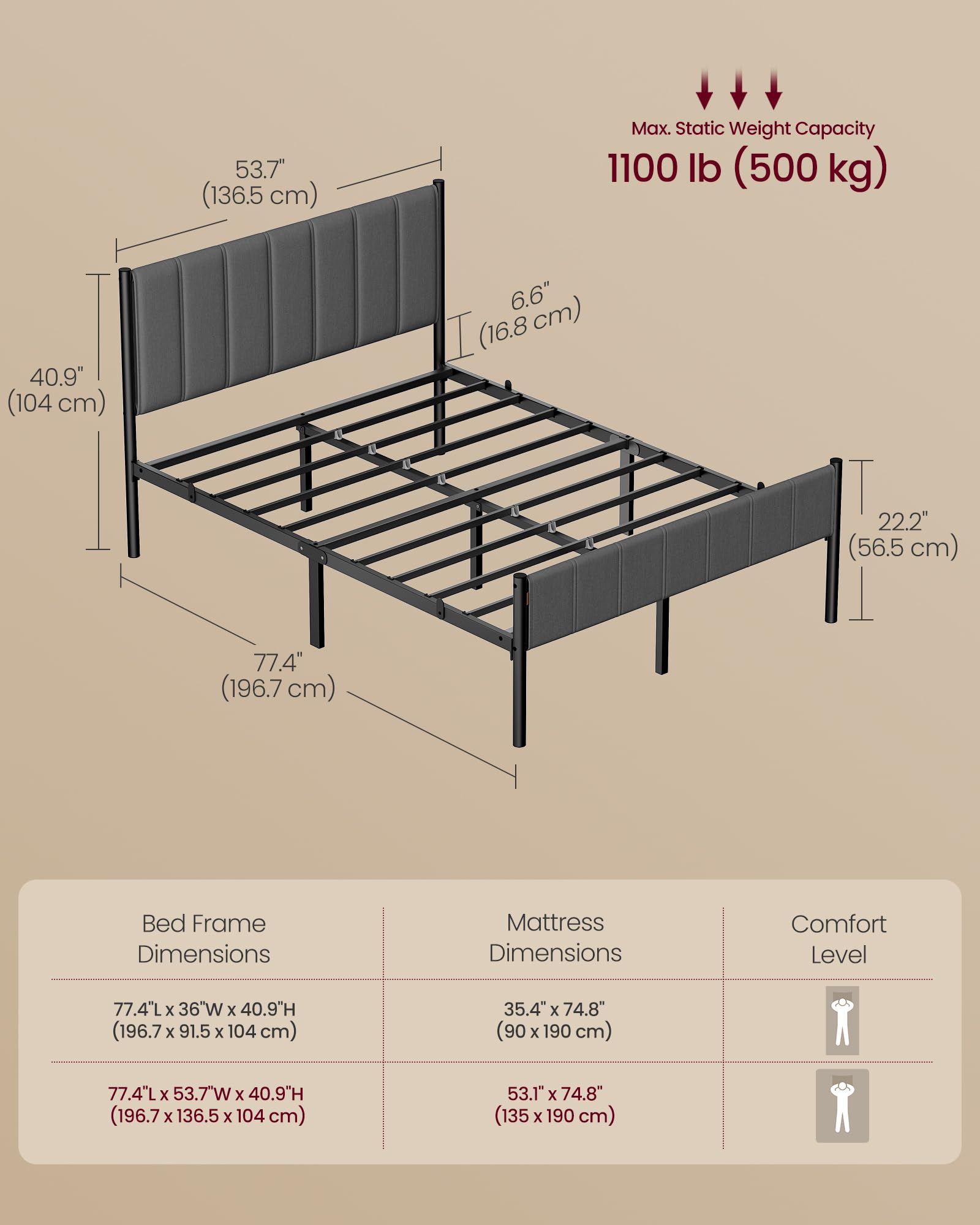 VASAGLE Double Bed Frame 135 x 190 cm with Upholstered Headboard | Noise Resistant | Slate Grey 2