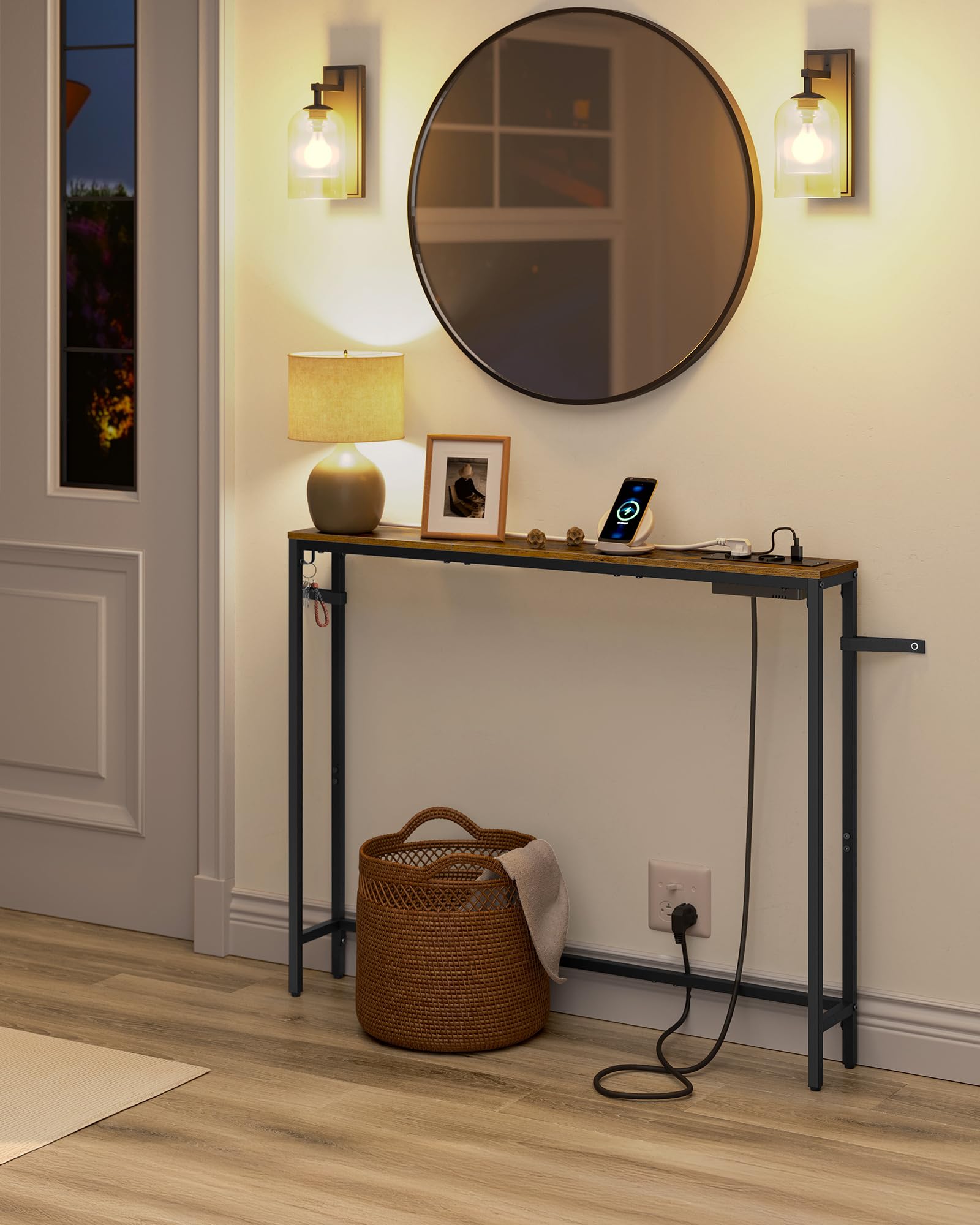 VASAGLE Set of 2 Slim Console Tables with Built-in Charging Station | Rustic Brown & Ink Black | 15 x 100 x 80 cm 5