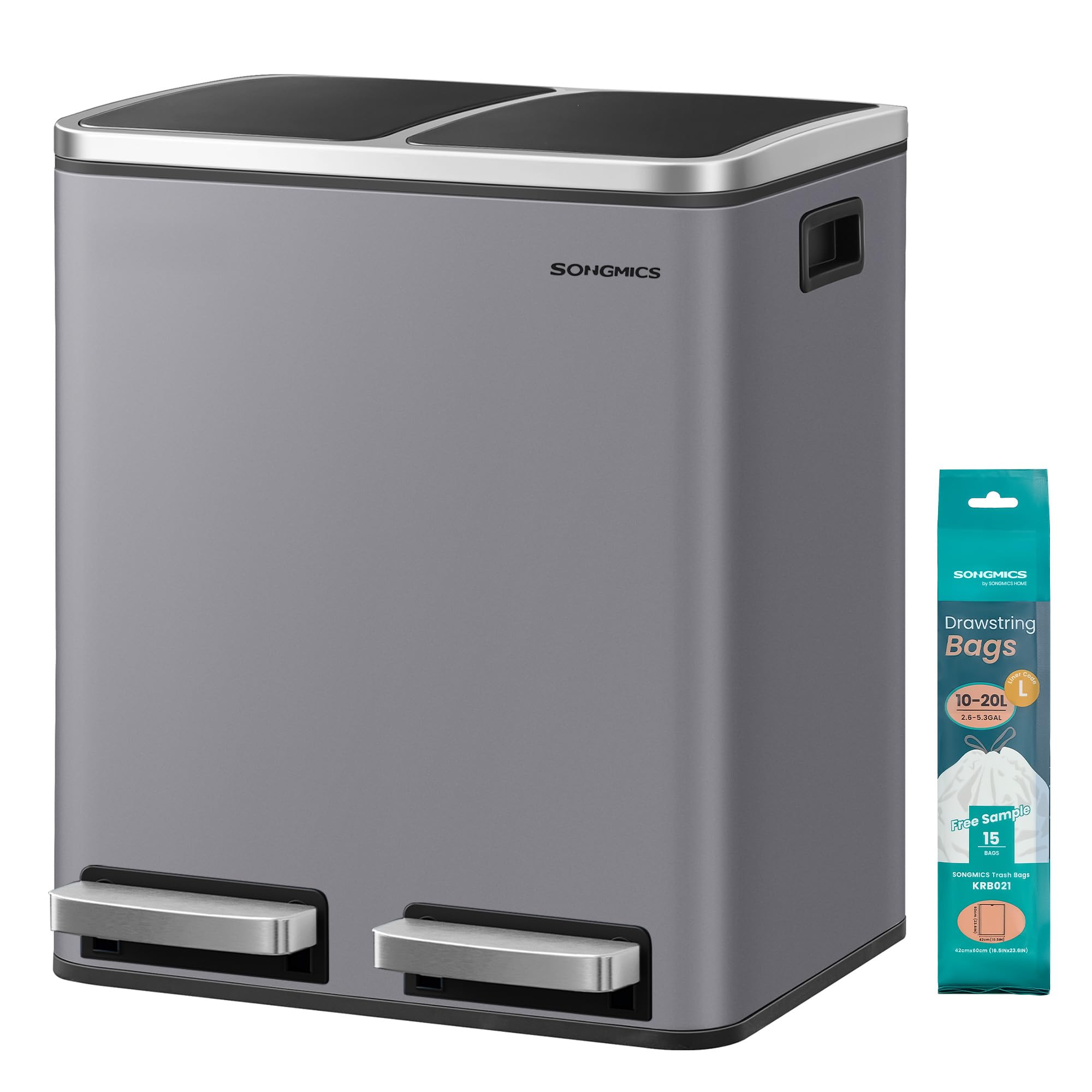 SONGMICS Dual Rubbish Bin - 2 Compartment Recycling Bin with Pedals, Soft Closure | 2 x 15 L | Slate Grey 1