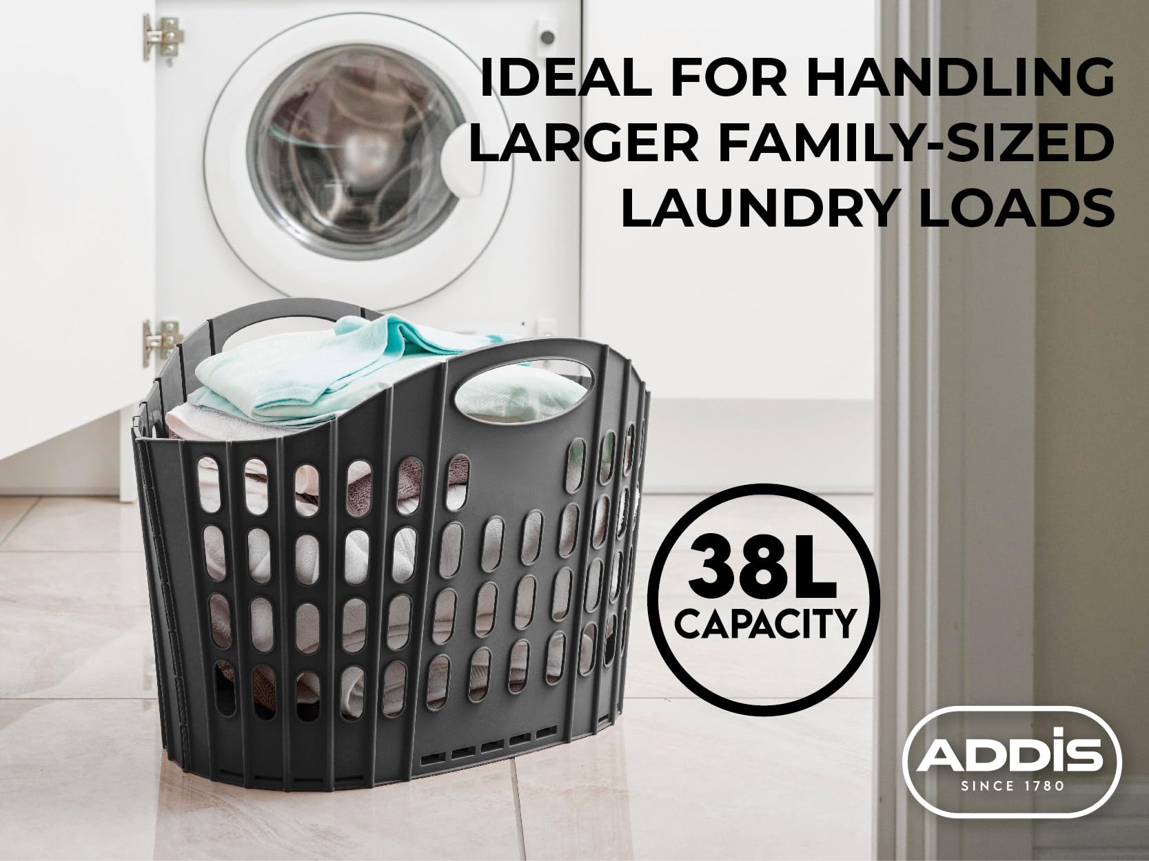Addis Fold Flat Easy Store Laundry Basket Hamper - 38 Litre Capacity | Collapsible Plastic Design | Grey & Mint