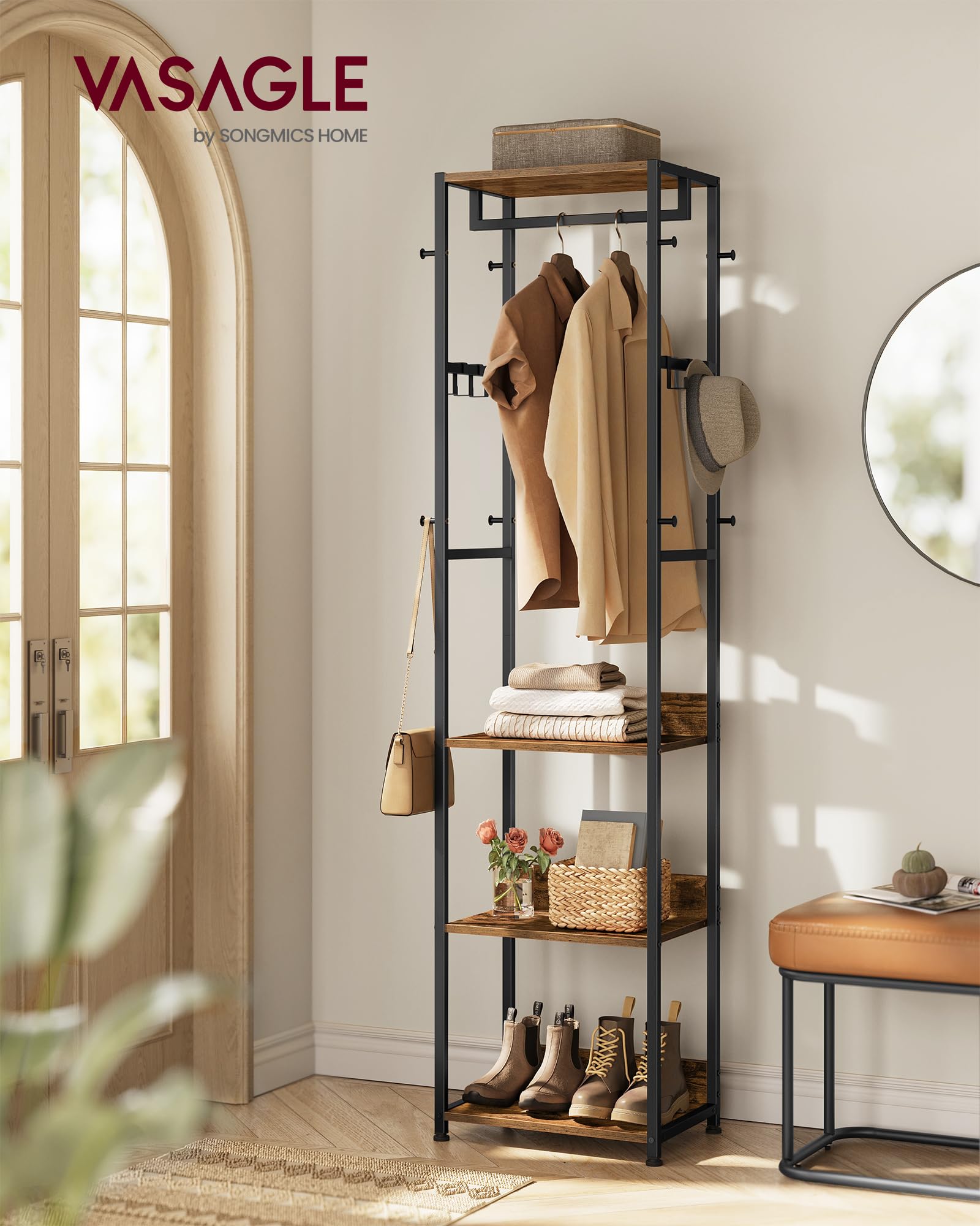 VASAGLE Clothes Rack Stand - Hanging Rail, 4 Shelves, Hooks | Ink Black + Rustic Brown