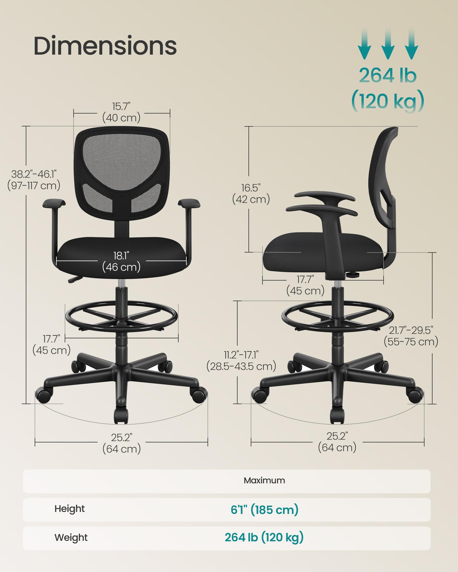 SONGMICS Drafting Stool Chair - Ergonomic Mesh, Height Adjustable Footrest, 360° Swivel | Black 3