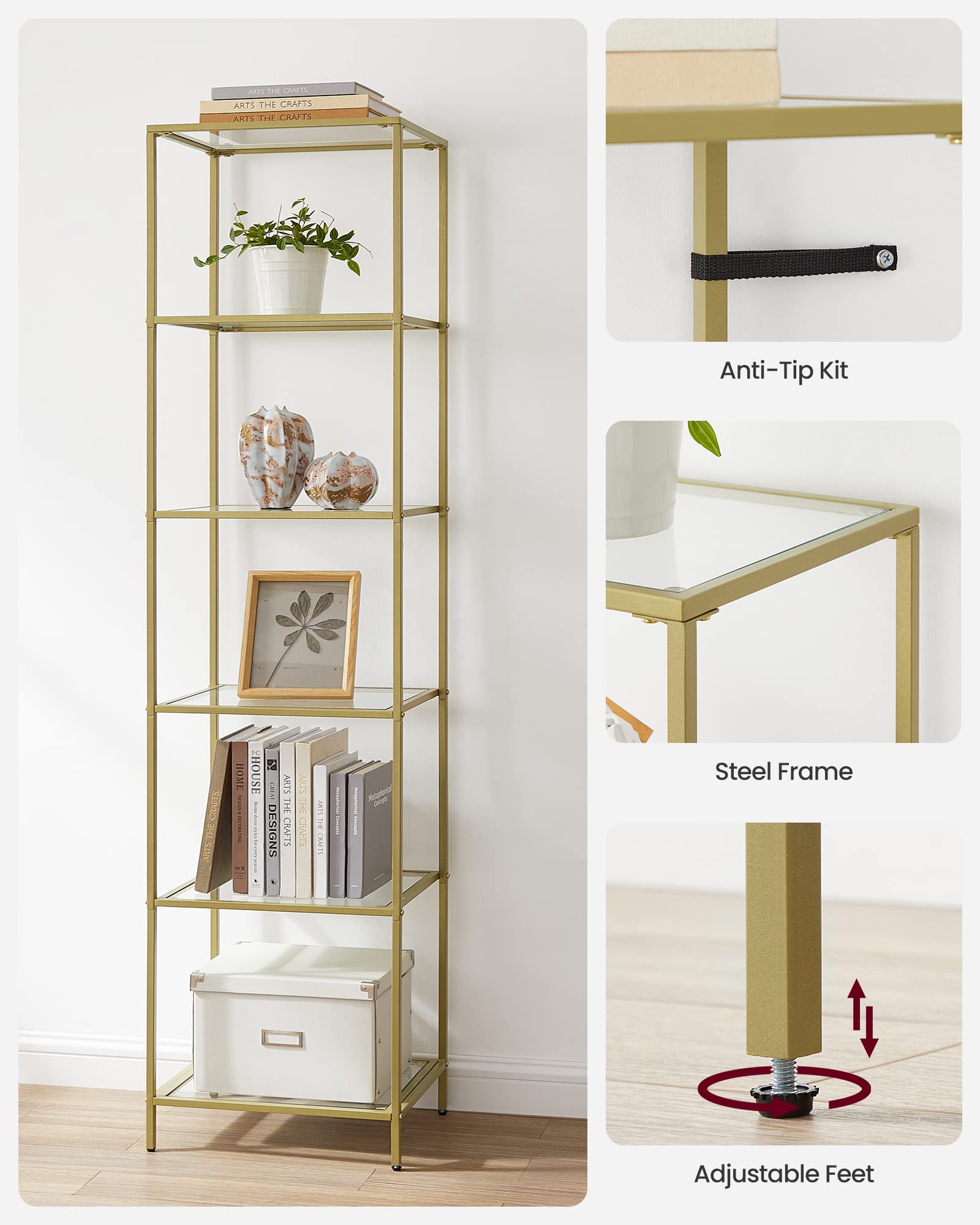 VASAGLE 6-Tier Glass Shelf Bookcase - Thin Steel Frame, Gold Finish | 30x40cm Footprint | 10kg/Shelf Capacity 8