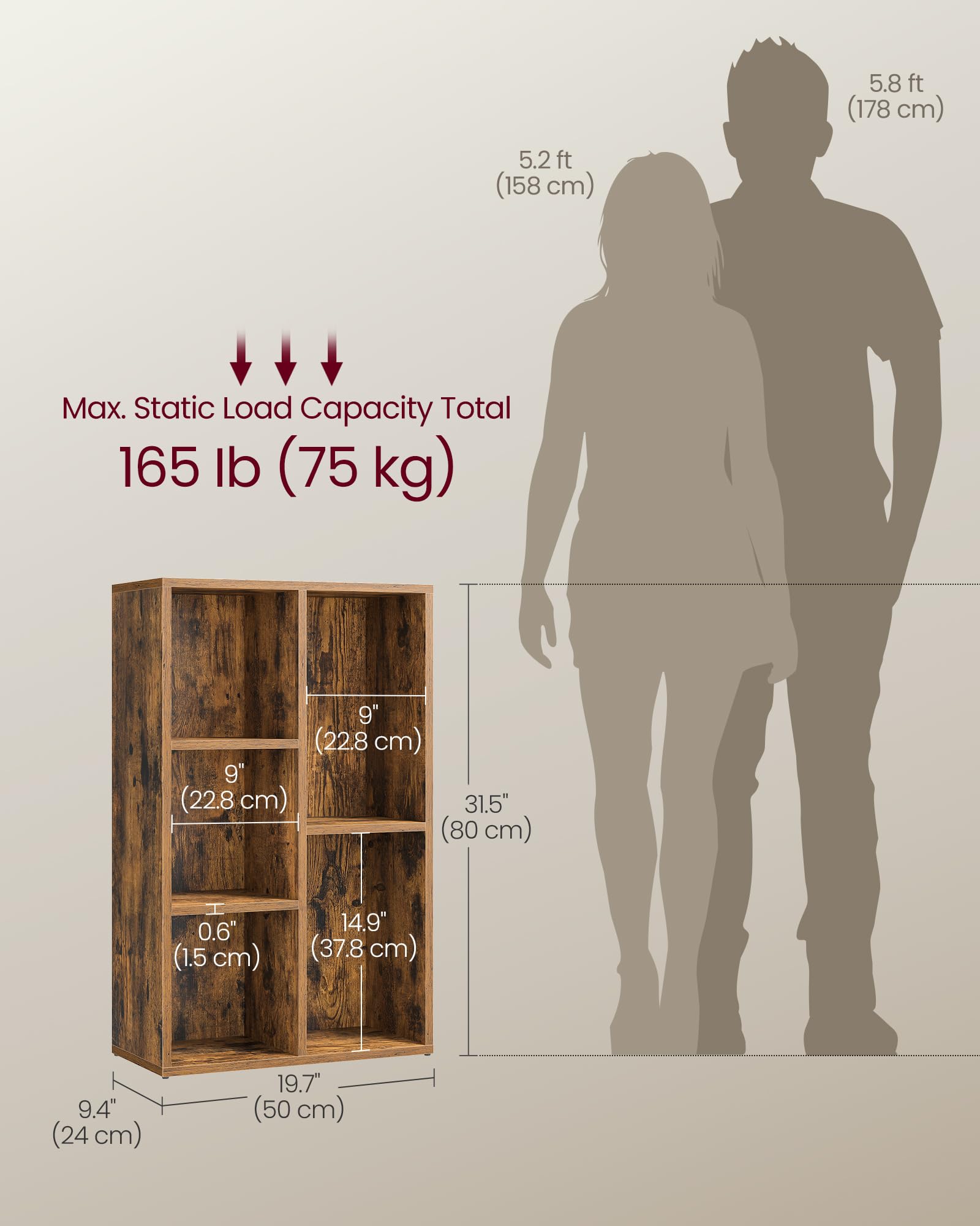 VASAGLE Bookcase Storage Shelf with 5 Compartments | Rustic Brown Engineered Wood | 24x50x80 cm 3