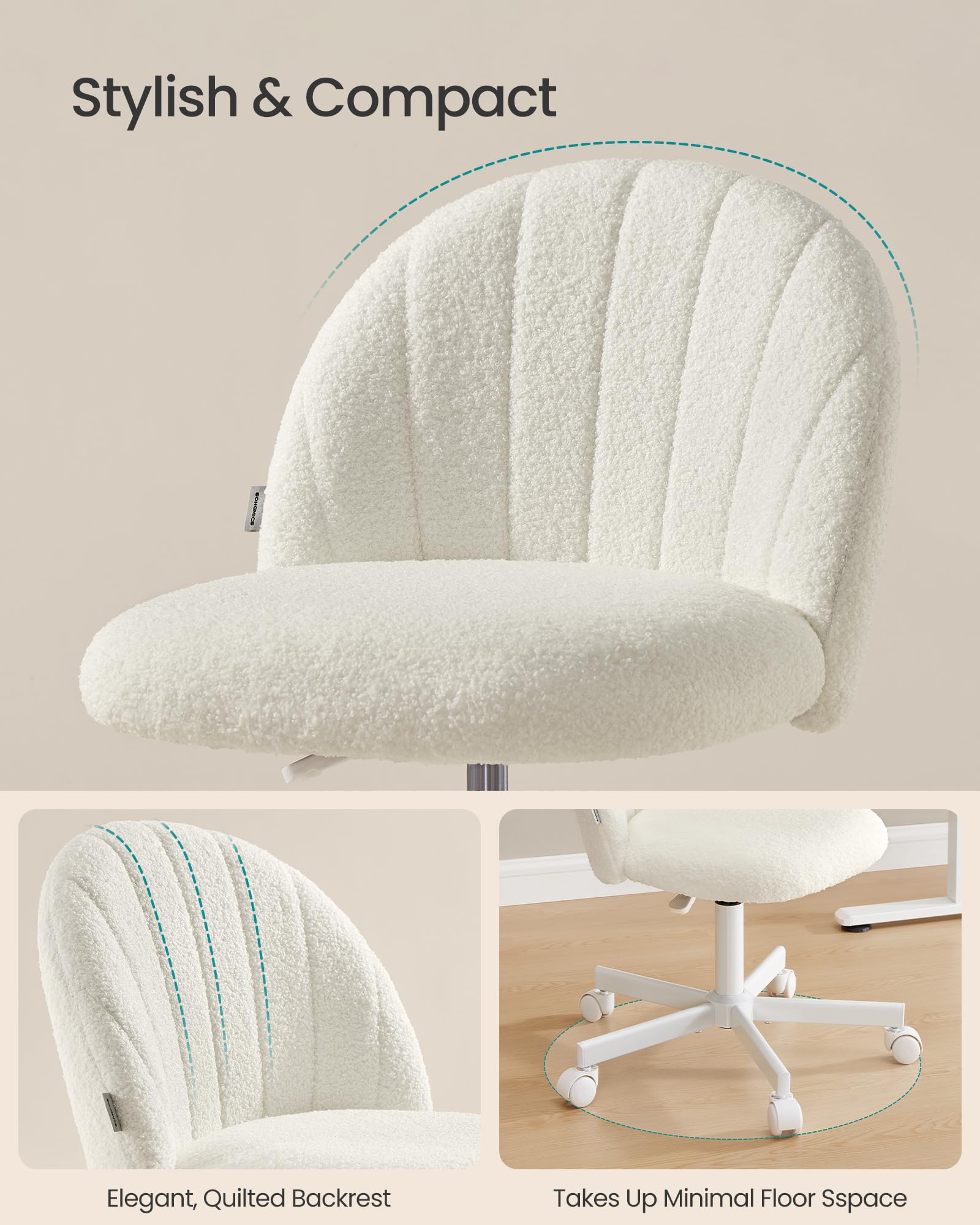 SONGMICS Teddy Fleece Desk Chair - Height Adjustable Swivel, Cream White | Max Load 110 kg 5