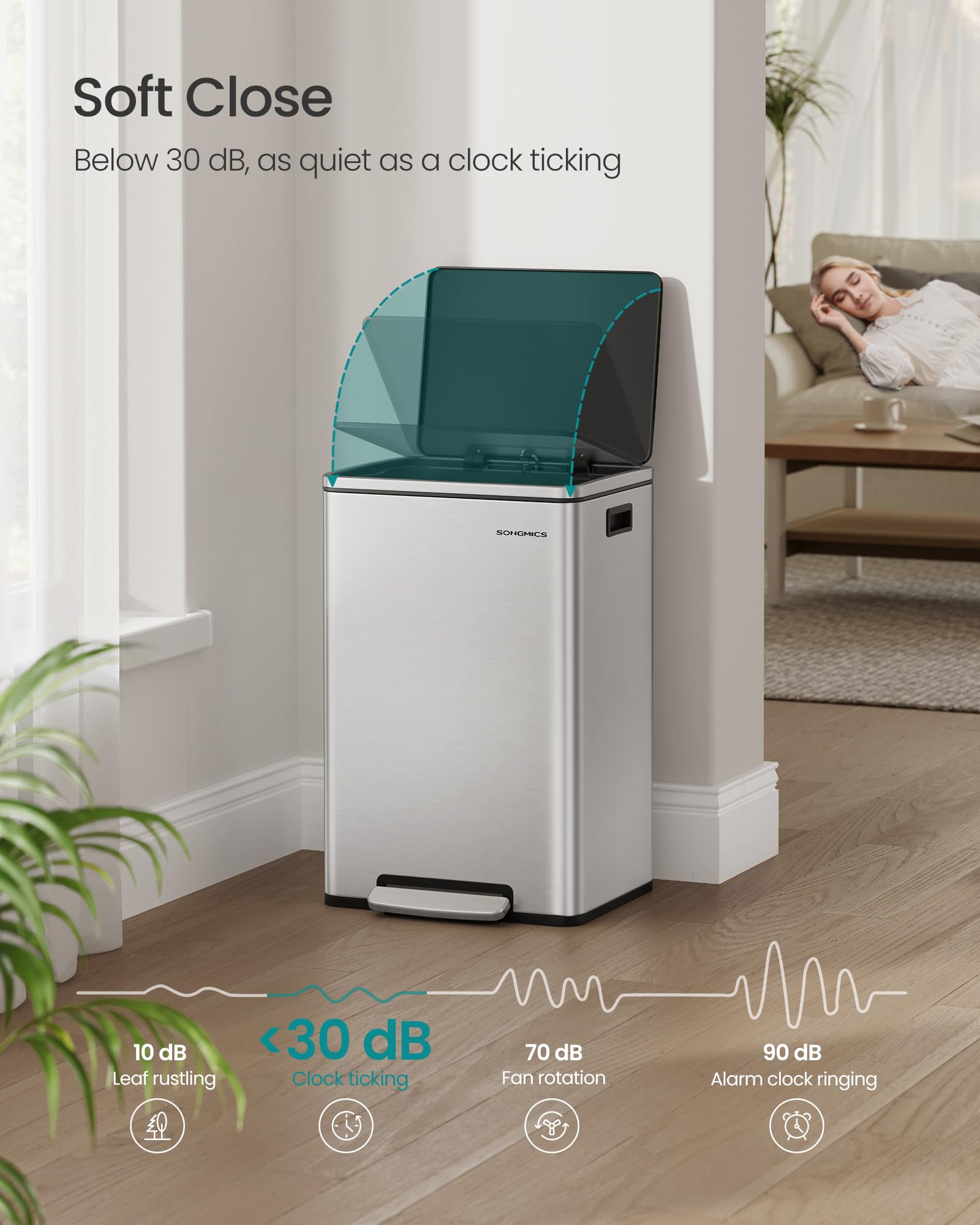 SONGMICS 50 L Stainless Steel Kitchen Bin with Foot Pedal | Rust & Fingerprint Resistant | Includes 15 Bin Bags 3