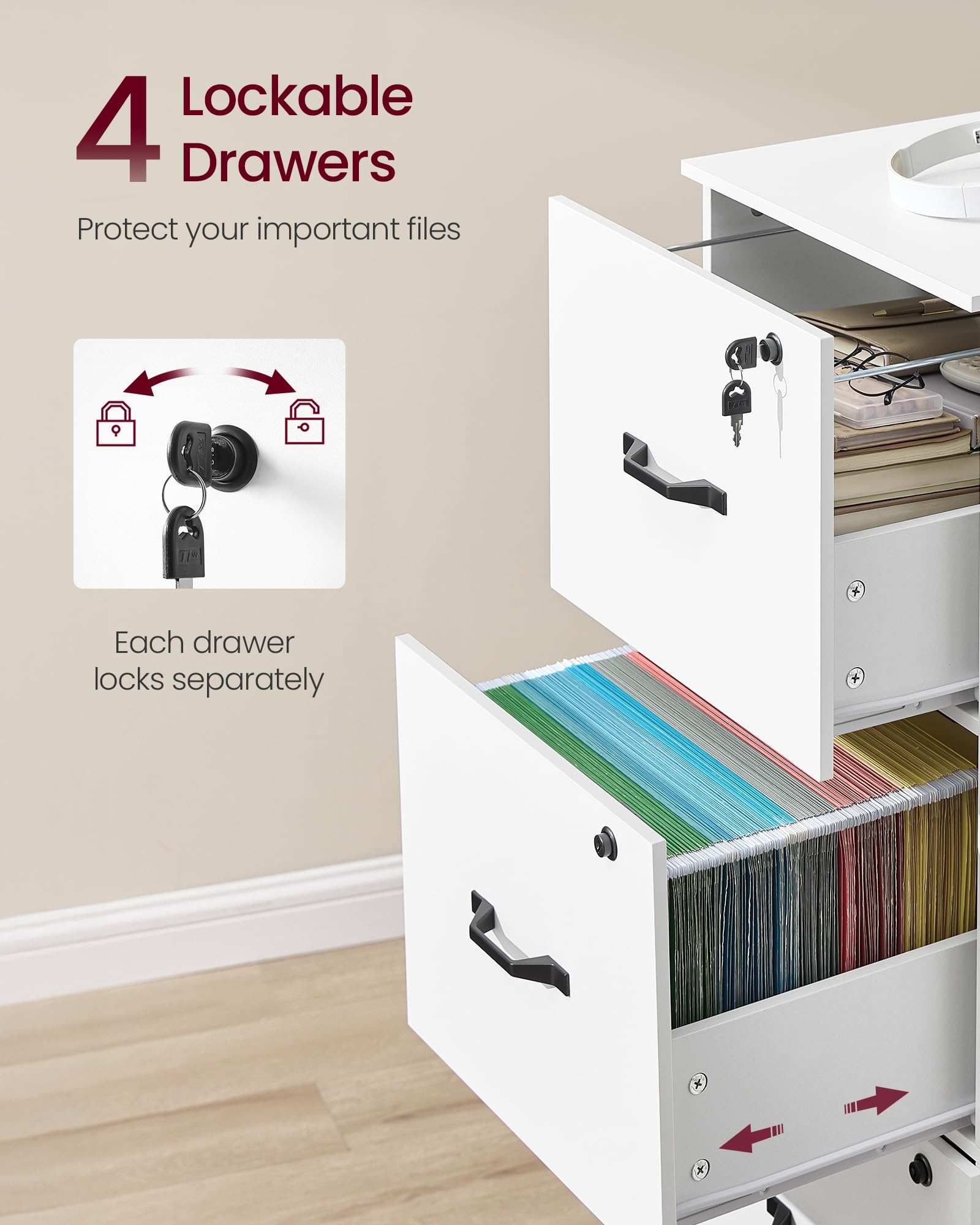 VASAGLE Vertical File Cabinet - 4 Lockable Drawers | A4 & Letter Size | Cloud White 4