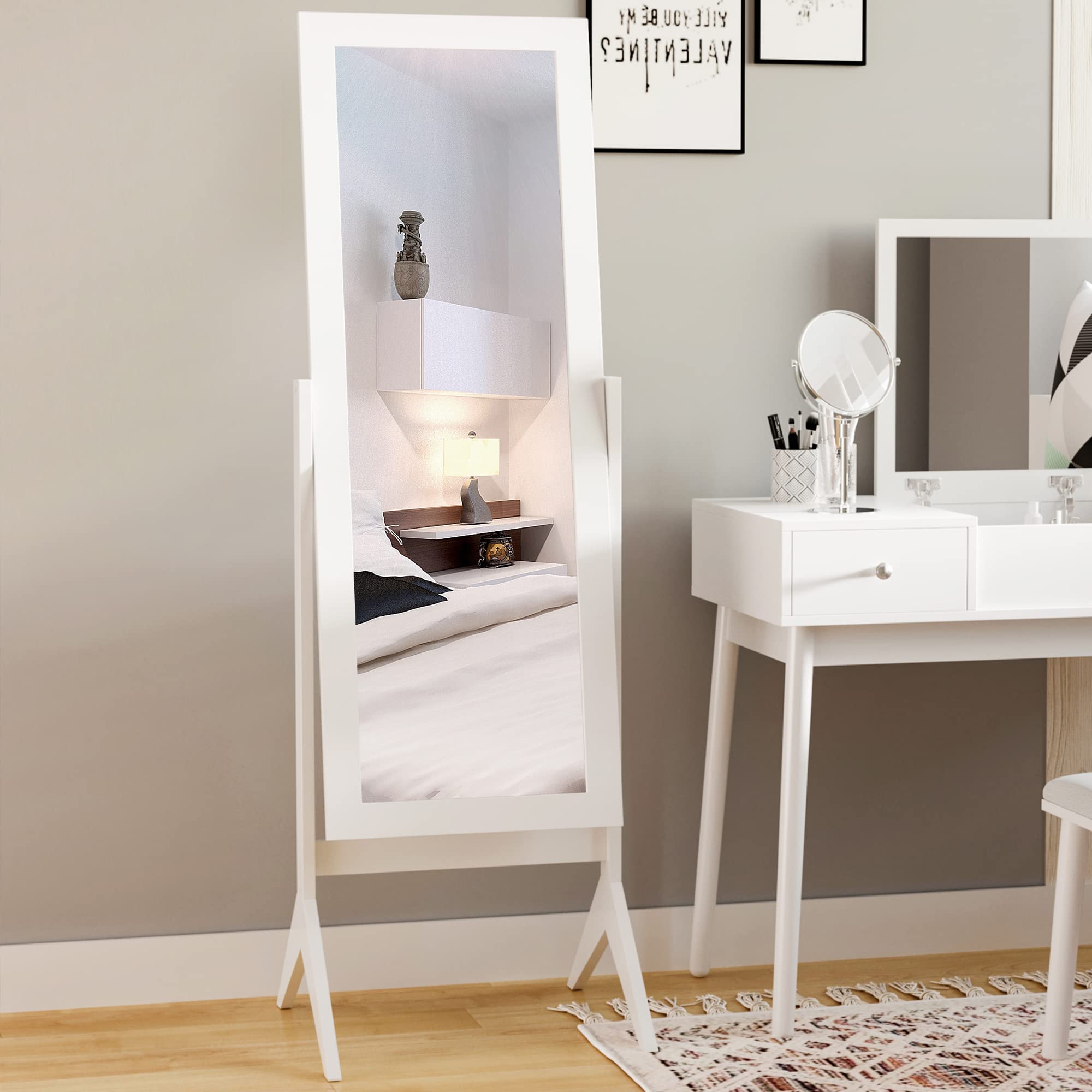 HOMCOM Freestanding Full Length Floor Mirror - Adjustable Angle, White MDF Frame | 148H x 47W cm 6
