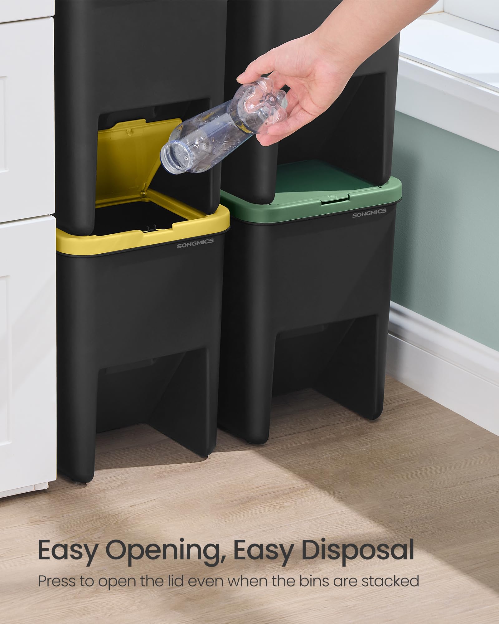 SONGMICS Waste Separation System - 4 Stackable 20L Bins, Color-Coded, Press-to-Open Lids 4