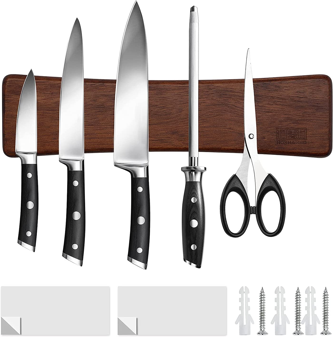 HOSHANHO Magnetic Knife Holder - Acacia Wood, 25cm Strip, Dual Mounting Options 1
