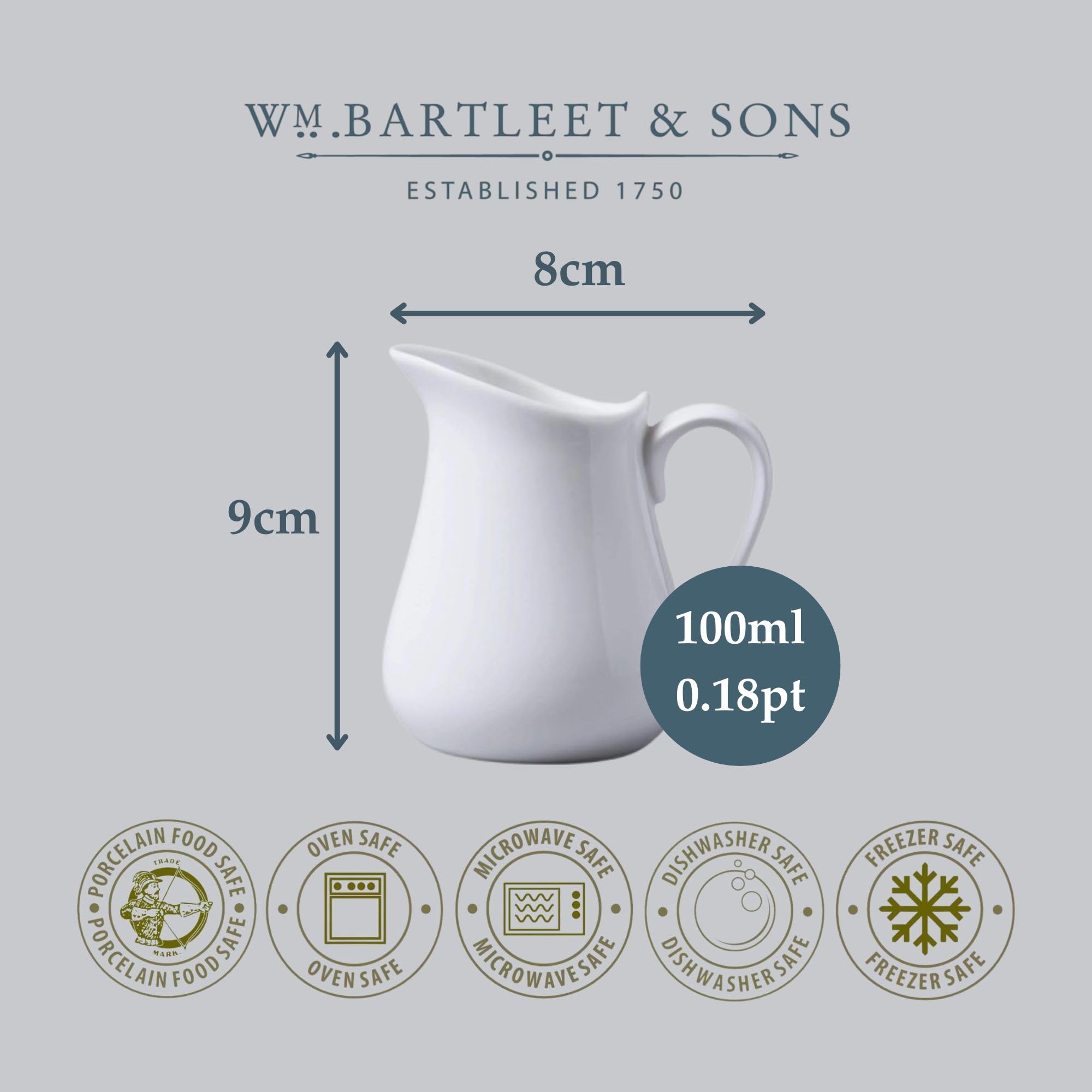 WM Bartleet & Sons Porcelain Traditional Cream Jug - 100 ml White | Dishwasher Safe 7