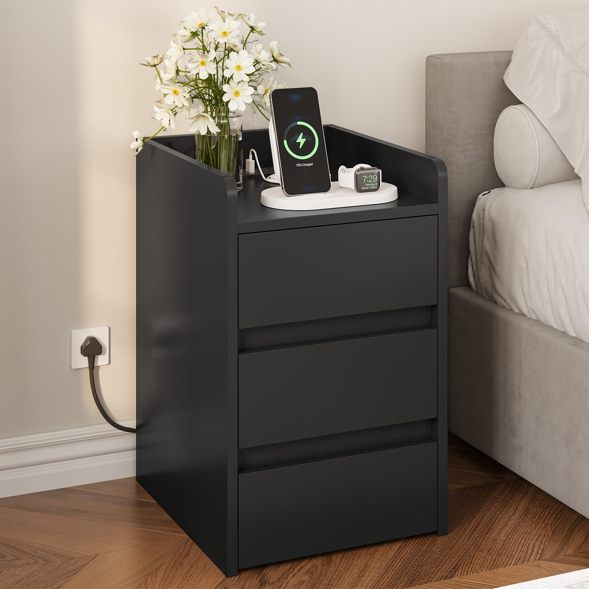 YITAHOME Bedside Table with 3 Drawers and Power Station | Black Engineered Wood | 35 x 40 x 59cm 1