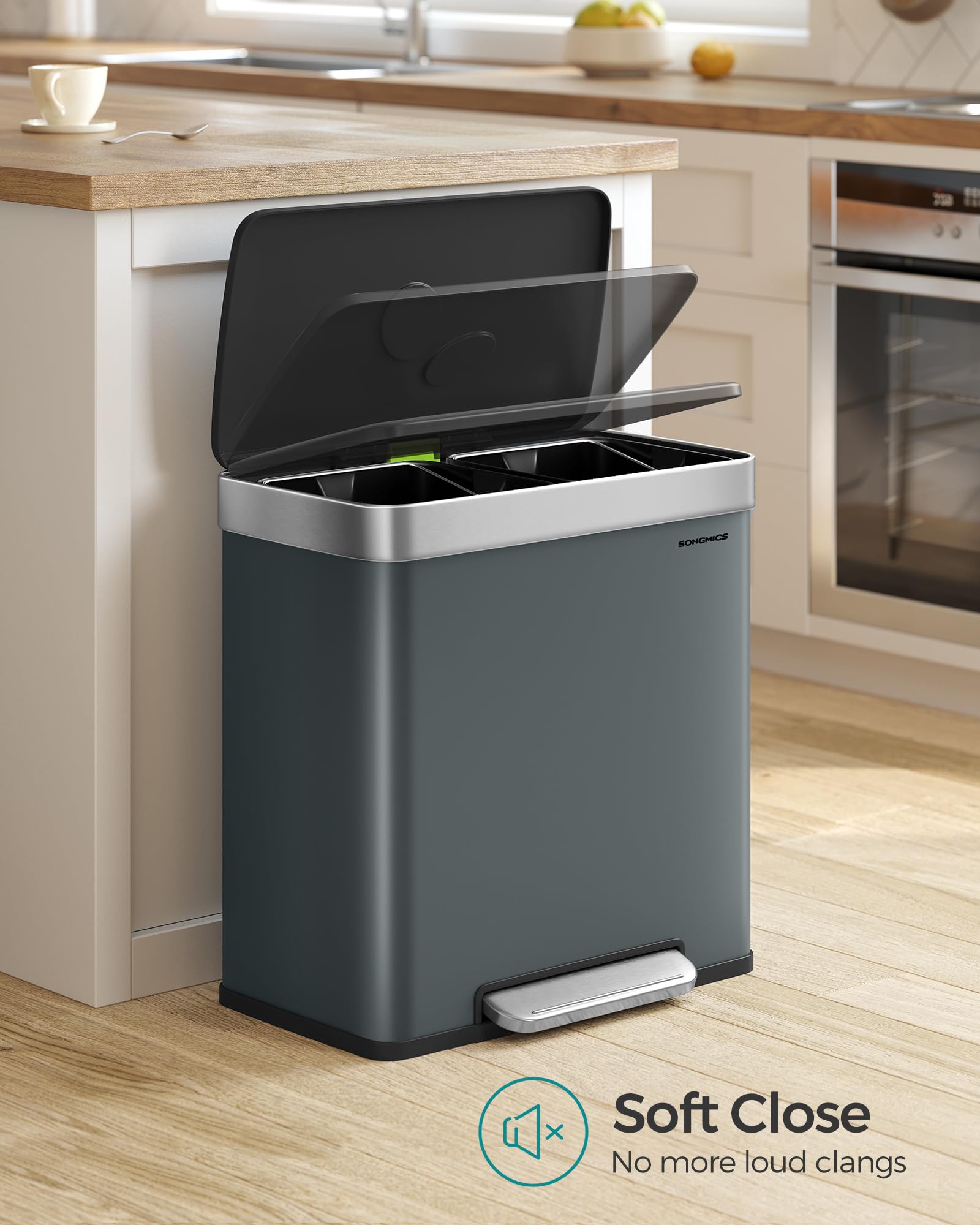SONGMICS Kitchen Pedal Bin - 2 x 30L Dual Compartment Waste Separation System | Stainless Steel | Greenish Grey 3