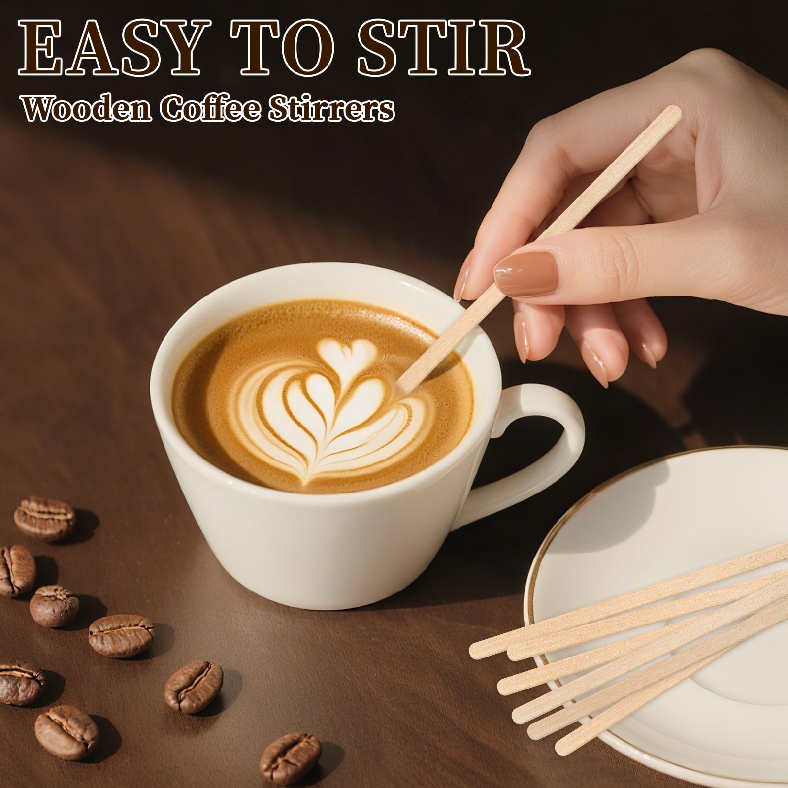 MOXYOY 100 Pcs Wooden Coffee Stirrers - 5.5 Inch Natural Wood Sticks for Hot & Cold Drinks 6