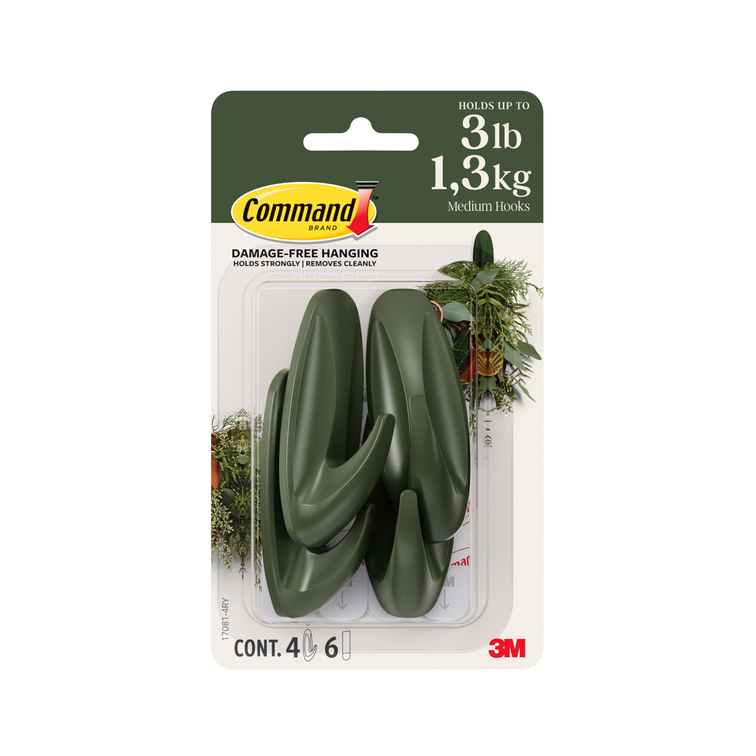 Command Medium Designer Hooks - Damage-Free Hanging | Holds 1.3kg | Rosemary Green (4 Hooks) 1