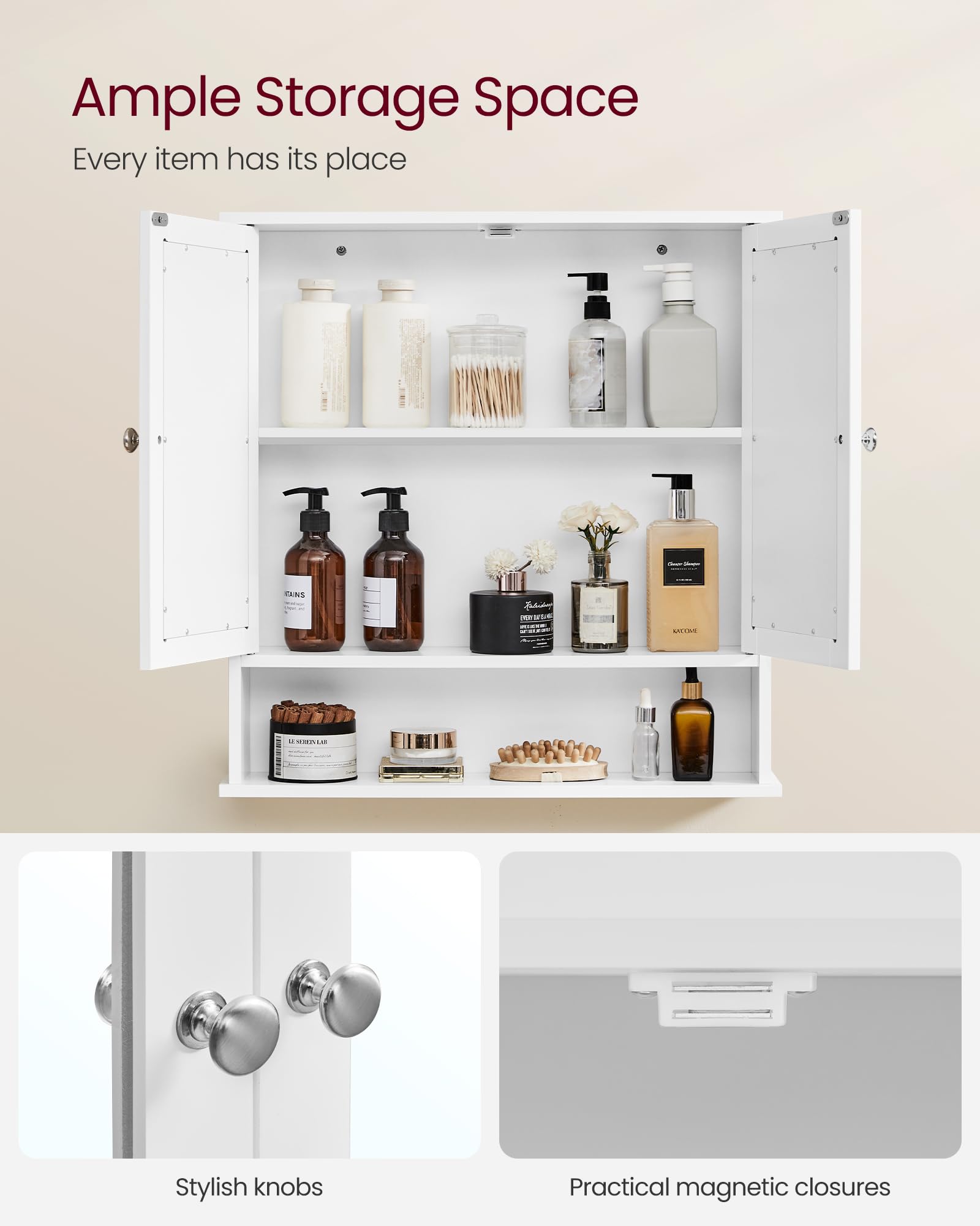 VASAGLE Bathroom Mirror Cabinet with 2 Mirrored Doors, Adjustable Shelf, Wall-Mounted, White LHC002 5