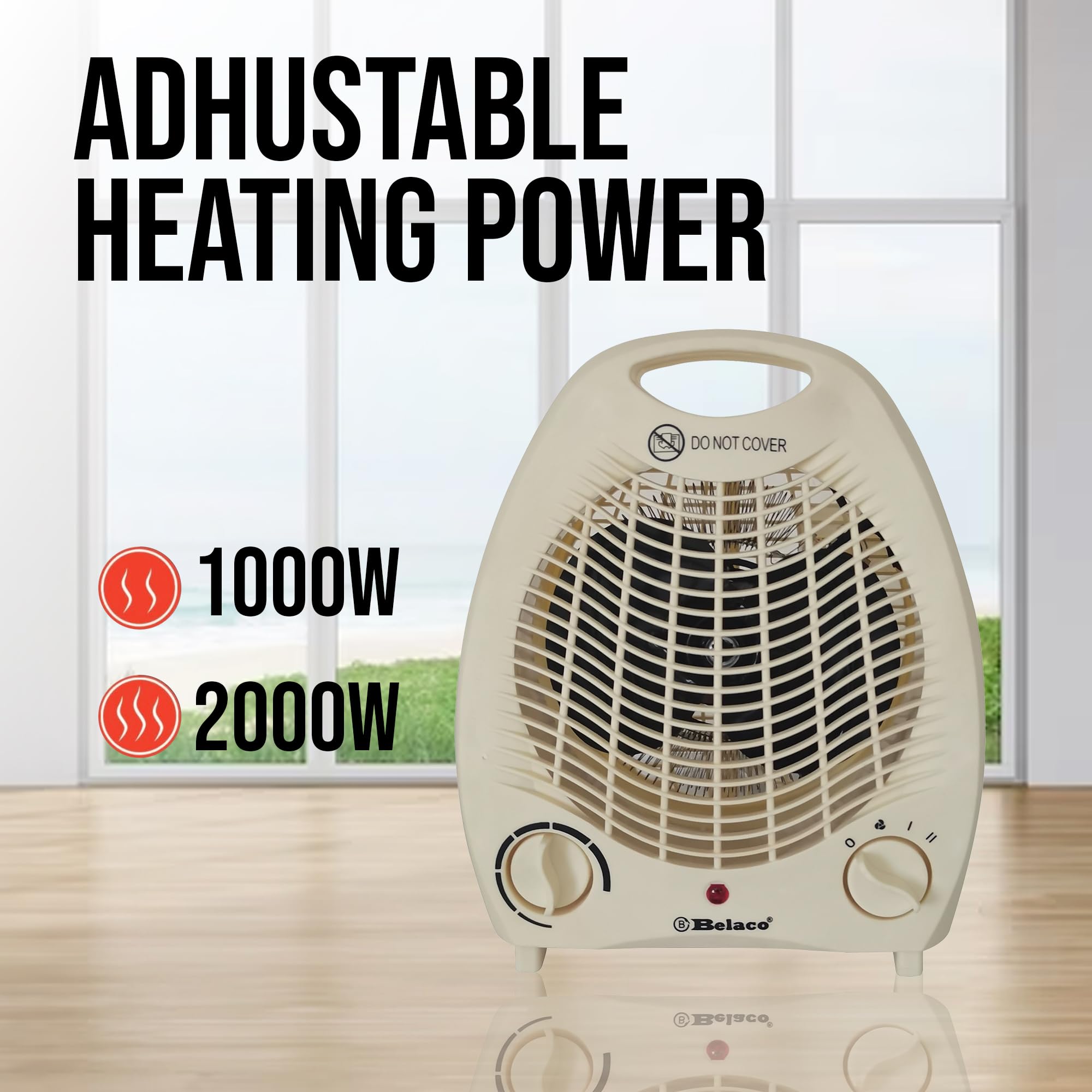 Belaco Portable Electric Fan Heater - 2 Heat Settings (1000W/2000W) | Overheat Protection | Cream 5