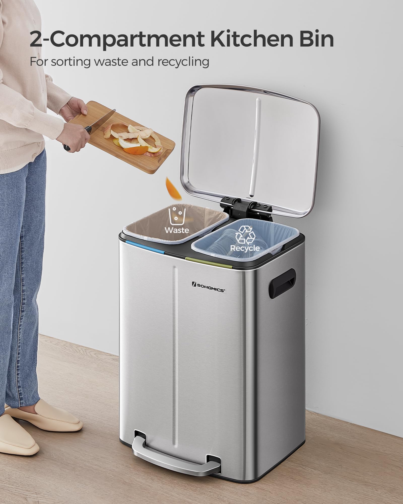 SONGMICS Double Rubbish Bin - 2 x 20L Dual Compartment Kitchen Waste Separation System | Metal Exterior 3