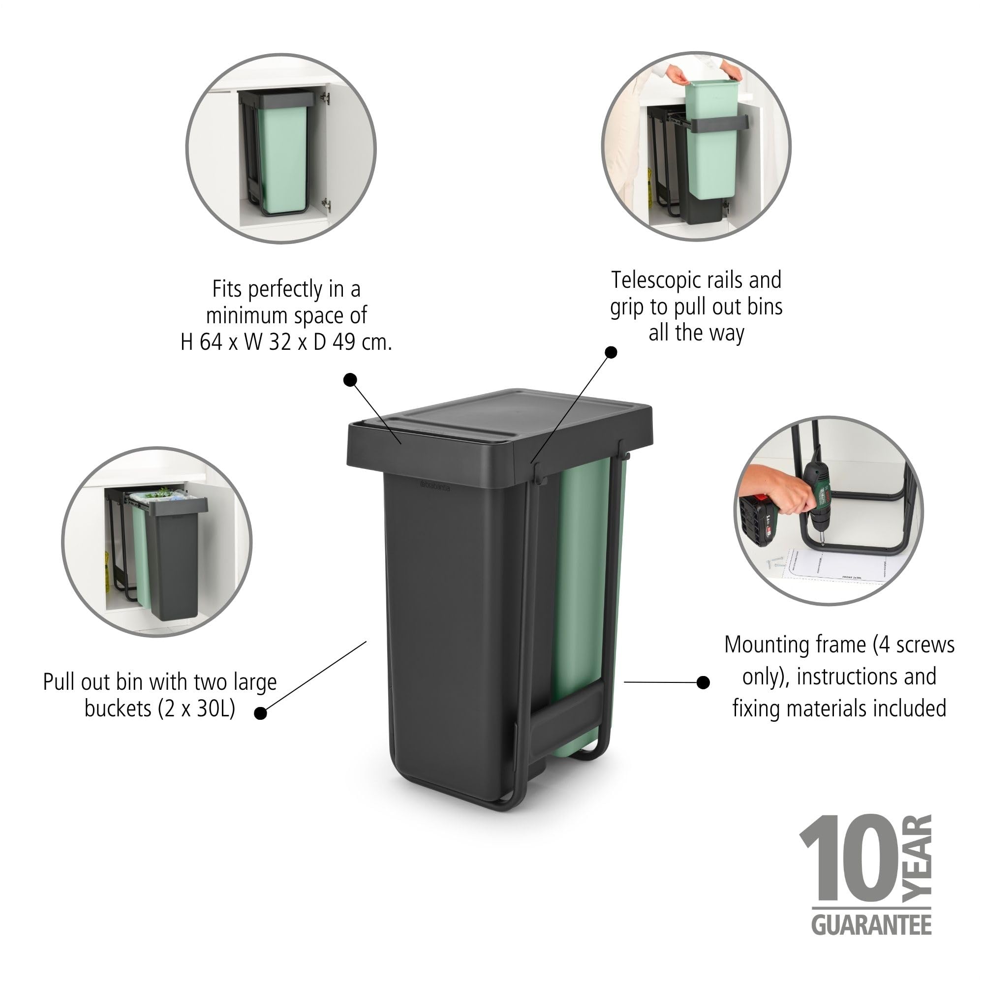 Brabantia Sort & Go Pull Out Bin - Dual 30L Capacity | Built-in Under Sink | Grey/Green 4