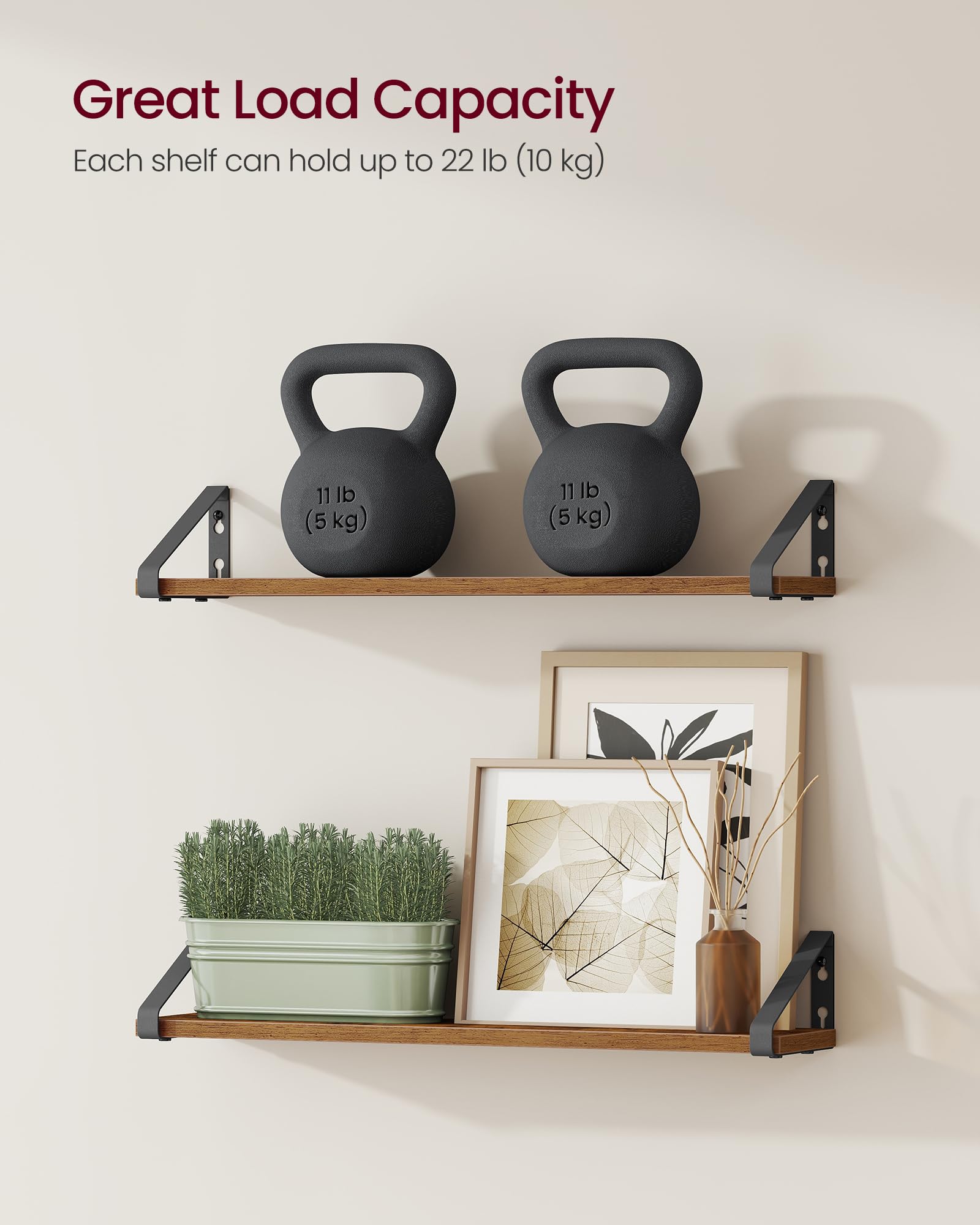 VASAGLE Floating Wall Shelves - Set of 2 Rustic Brown Shelves | Heavy Duty Steel Brackets | 22 lb Capacity 6